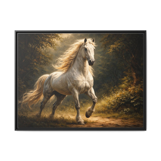 White Stallion Wall Art – 40x30 Framed Matte Canvas Portrait