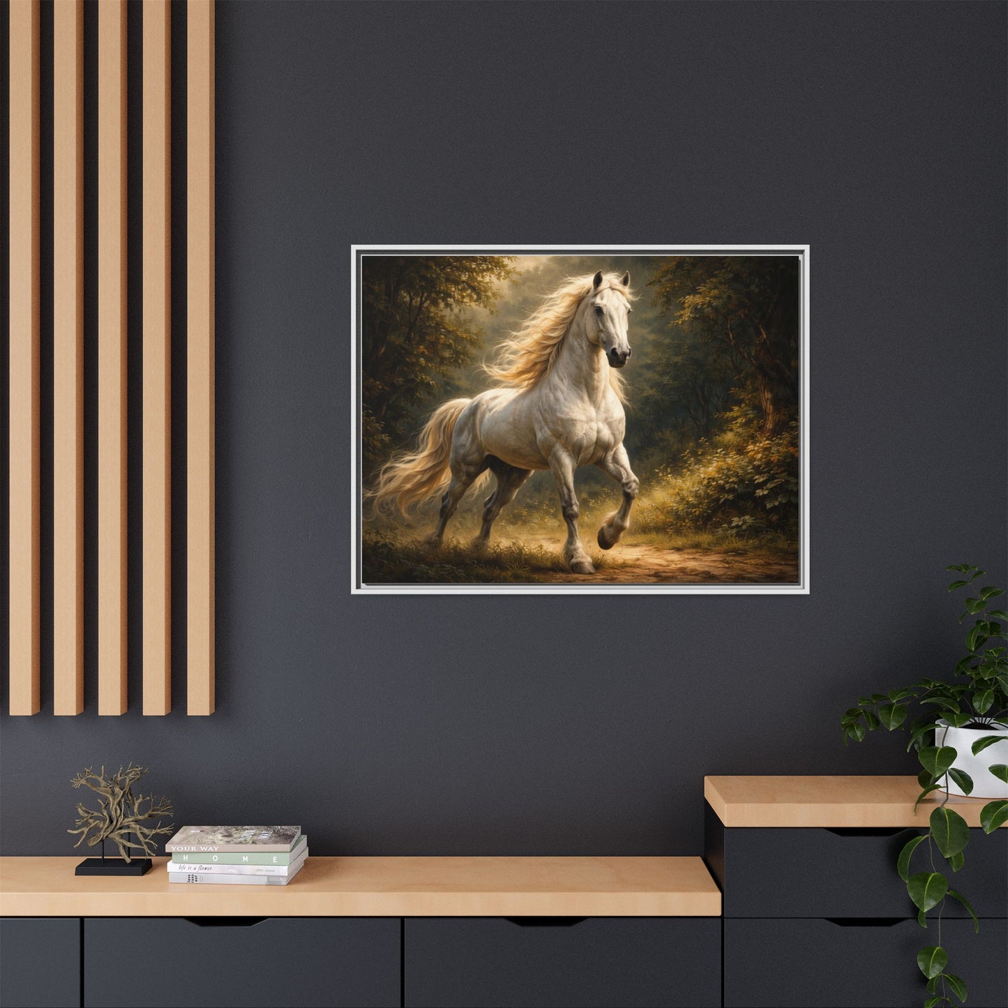 White Stallion Wall Art – 40x30 Framed Matte Canvas Portrait
