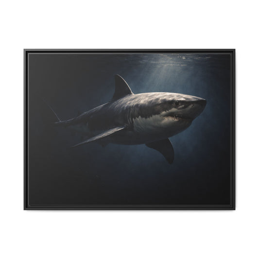 40x30 framed matte canvas featuring dramatic great white shark wall art in deep ocean light2