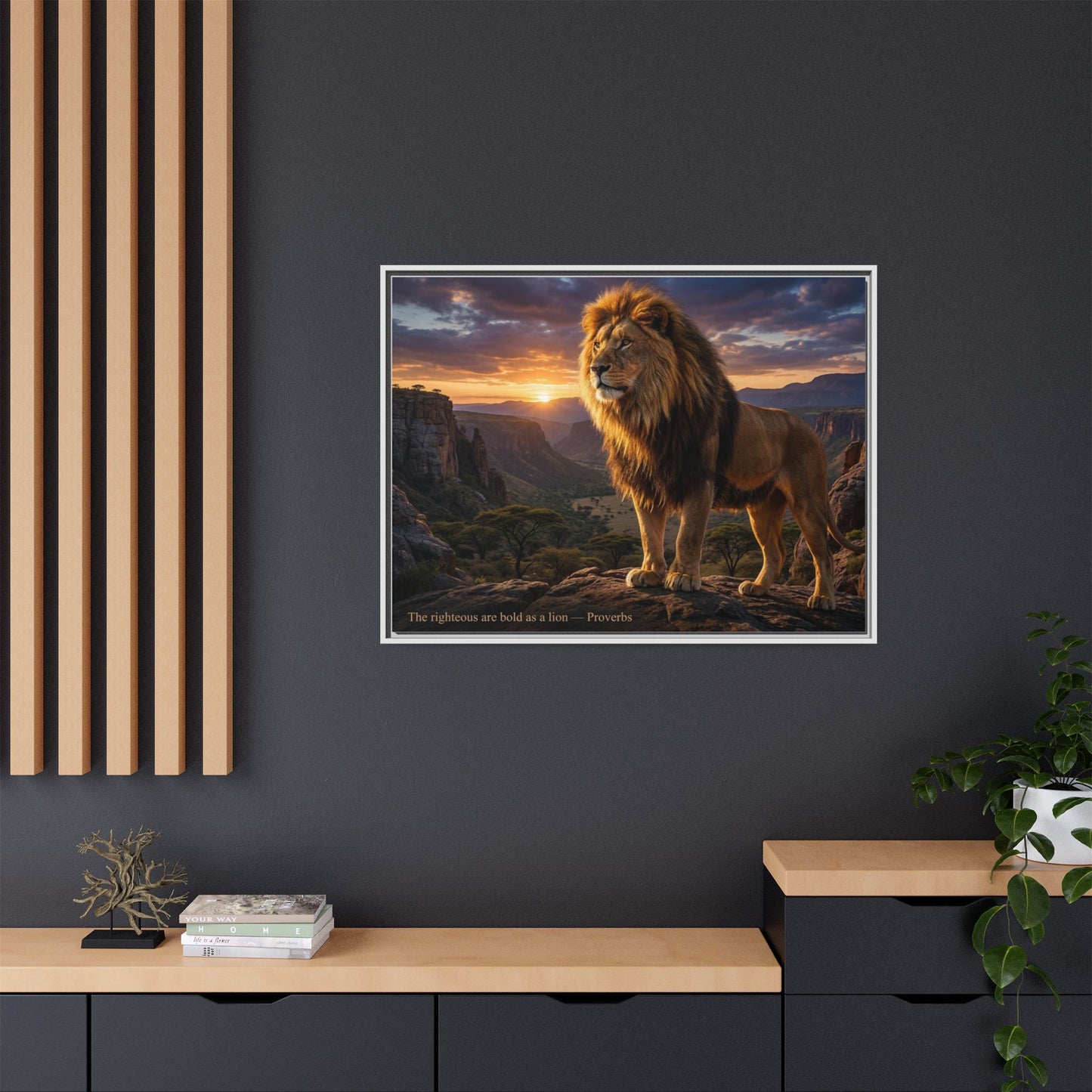 Golden lion wall art 40x30 framed matte canvas with lion at sunrise in canyon inspired by Joshua 1:9