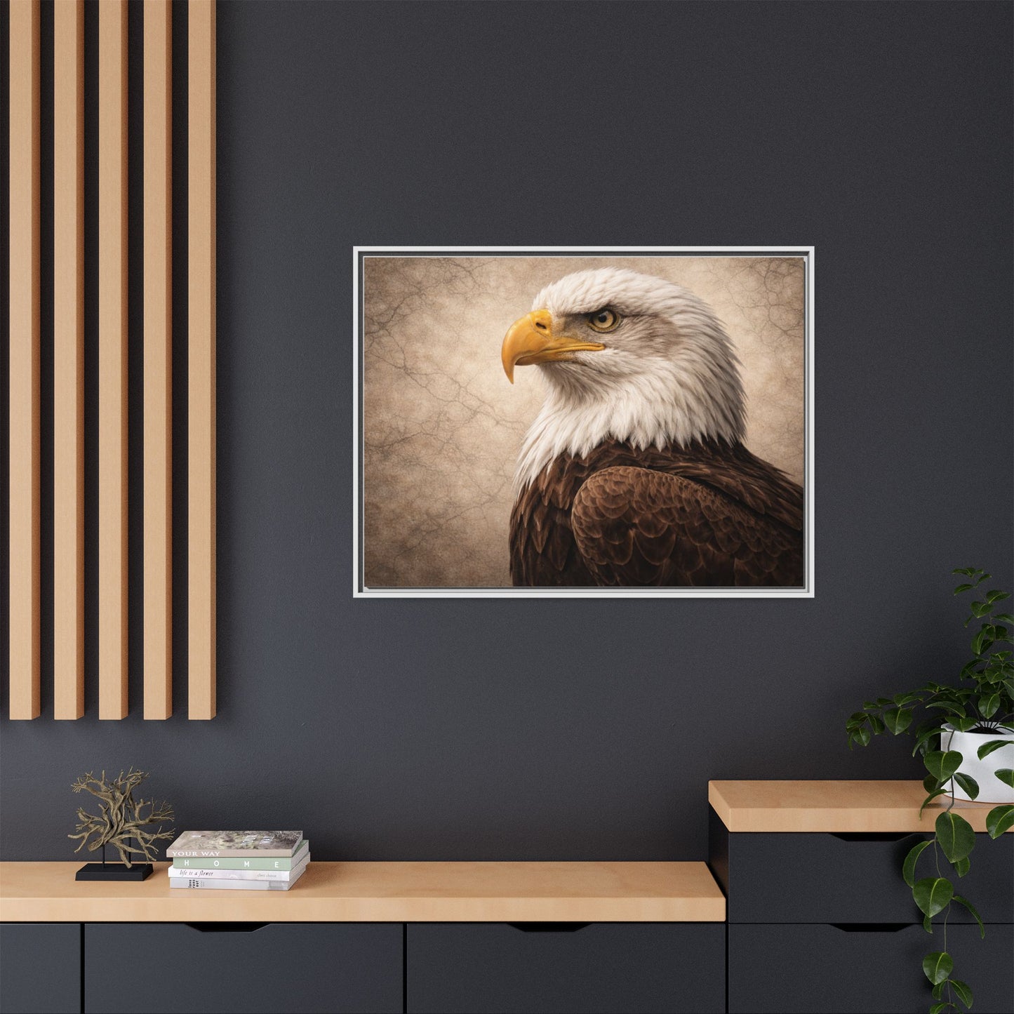 Raven portrait wall art 40x30 framed matte canvas with dark atmospheric background