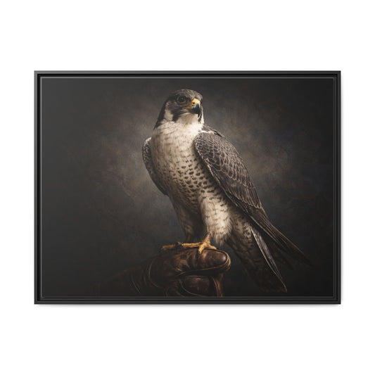 40x30 framed matte canvas featuring realistic falcon wall art portrait with moody natural tones2