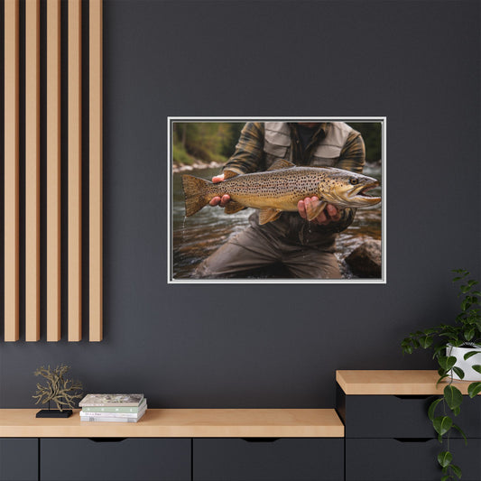 40x30 framed matte canvas featuring scenic brown trout wall art portrait with river setting and rustic tones2