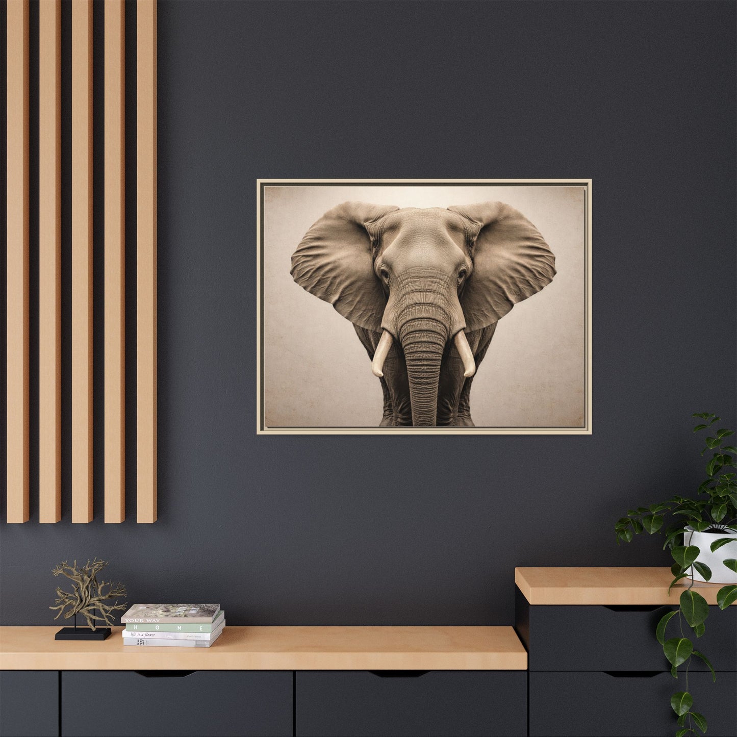 Sepia elephant wall art 40x30 framed matte canvas portrait in black frame9