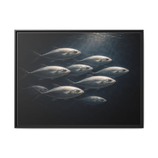 40x30 framed matte canvas featuring silver fish school wall art in deep ocean light2