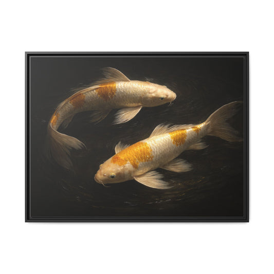 40x30 framed matte canvas featuring two gold and white koi fish swimming in dark water2
