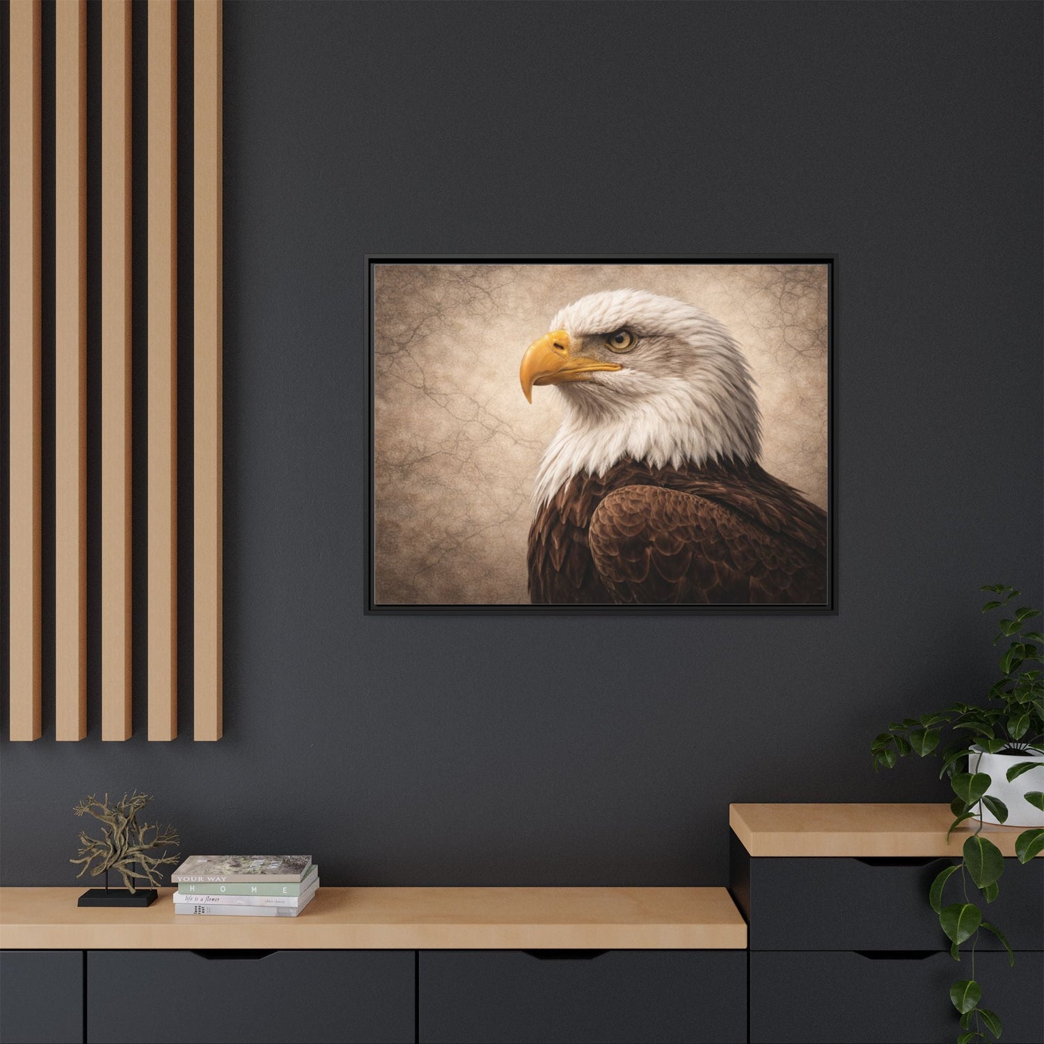 Luxury bald eagle wall art on 40x30 framed matte canvas displayed in modern interior – The Sovereign Wing Collection