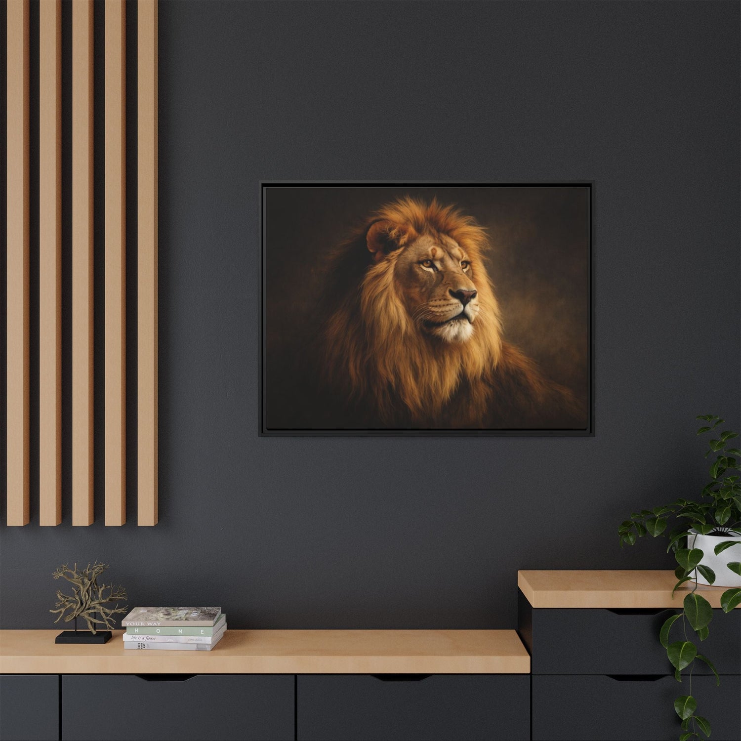 Luxury dark lion wall art on 40x30 framed matte canvas displayed in modern interior – The Sovereign Noir Collection