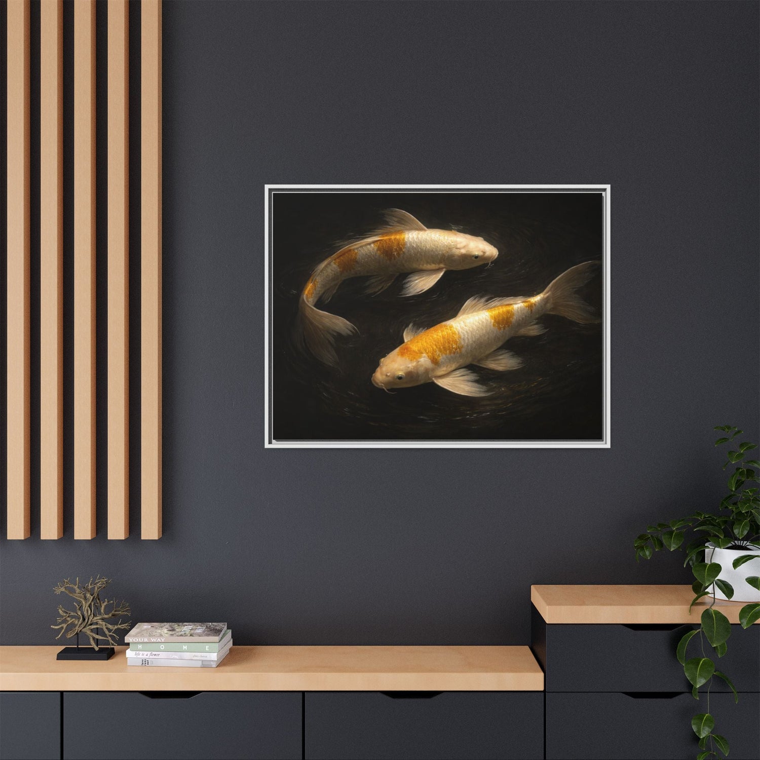 Luxury ocean wall art featuring gold and white koi 40x30 framed matte canvas print displayed in modern interior – The Abyss Collection