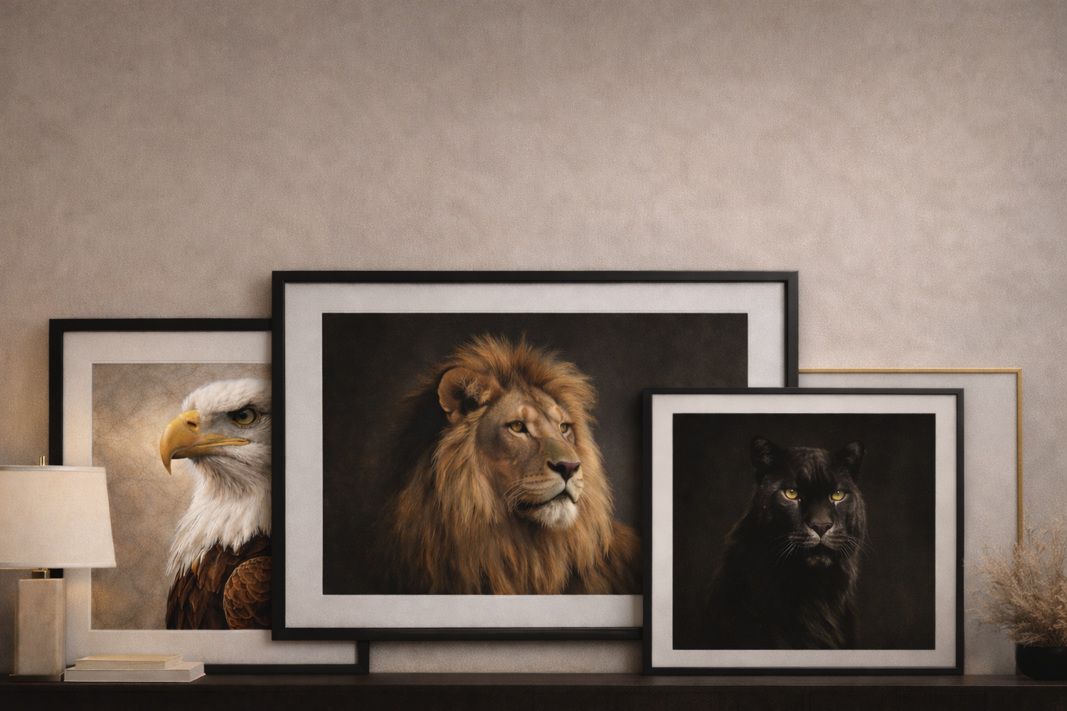 Luxury wildlife canvas wall art collection banner featuring lion, bald eagle, and black panther framed prints with international shipping available