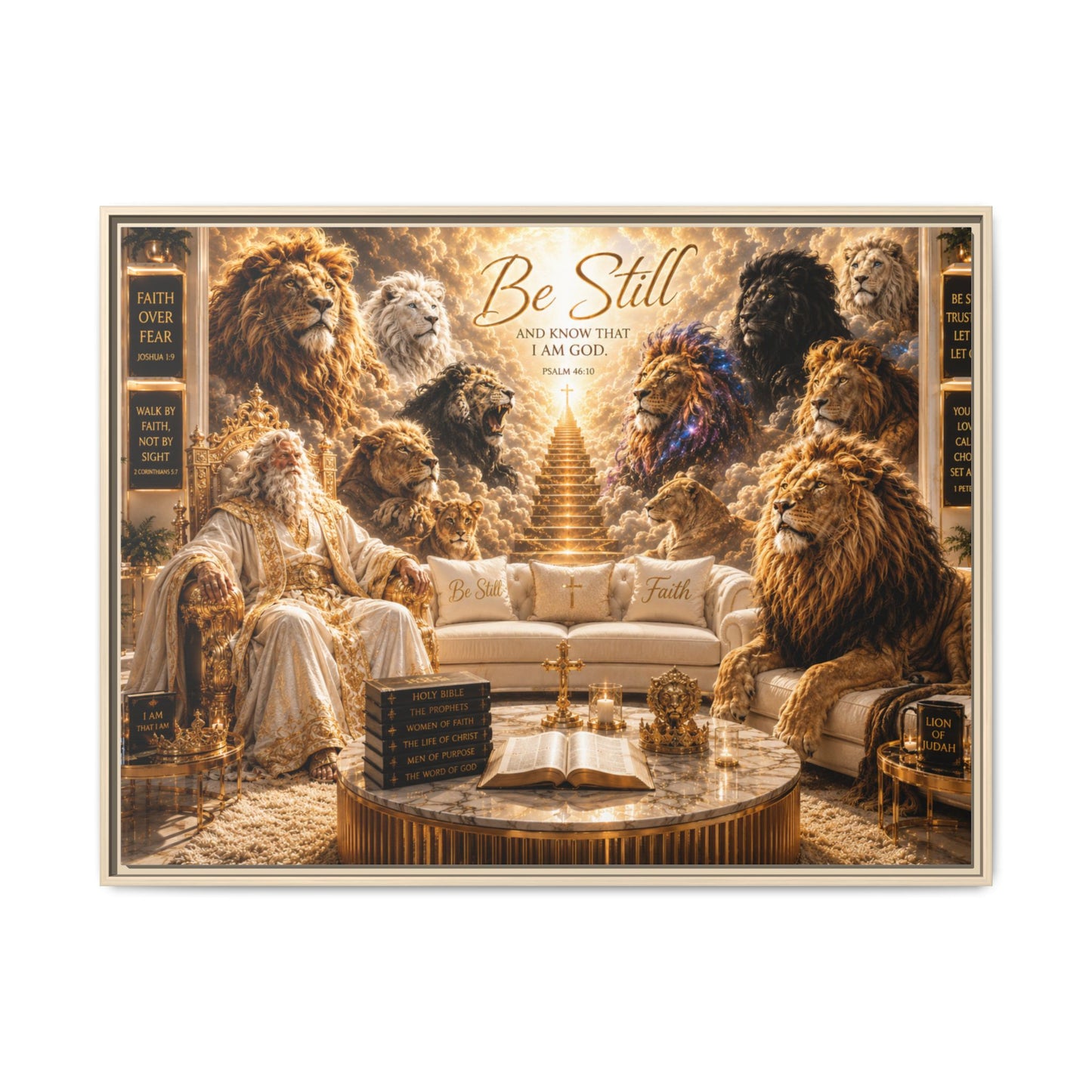 Be Still - Framed Canvas Wall Art (Lion Sanctuary Religious Inspirational Quote)