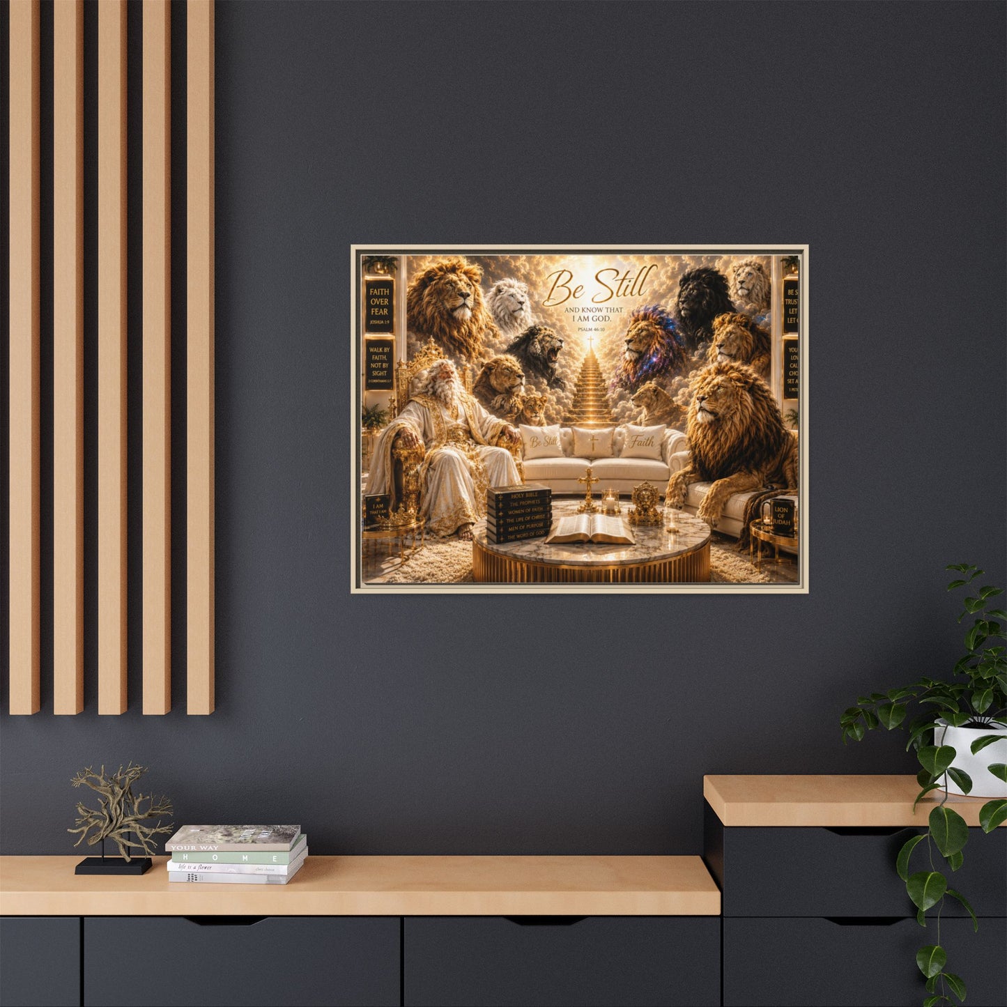 Be Still - Framed Canvas Wall Art (Lion Sanctuary Religious Inspirational Quote)
