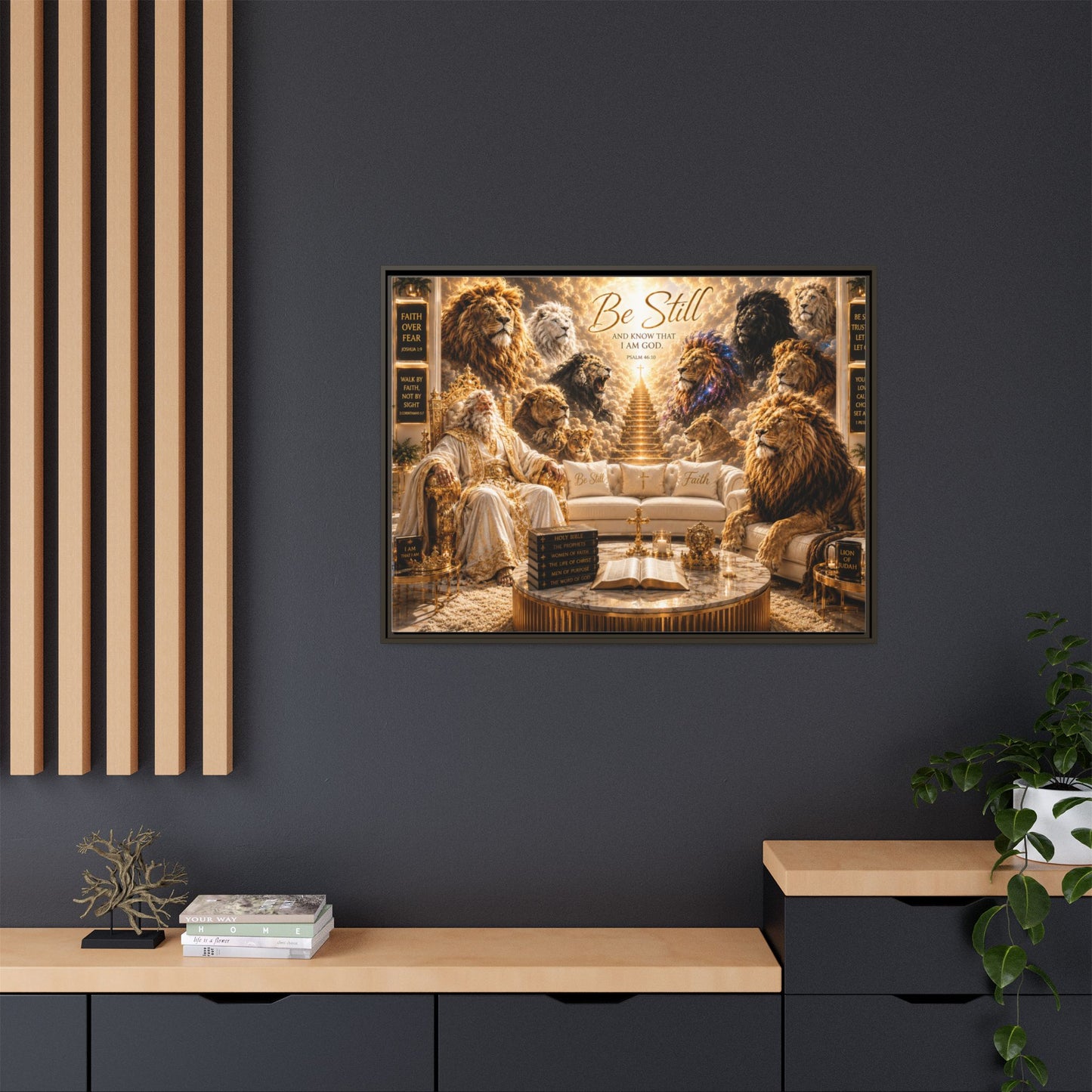 Be Still - Framed Canvas Wall Art (Lion Sanctuary Religious Inspirational Quote)