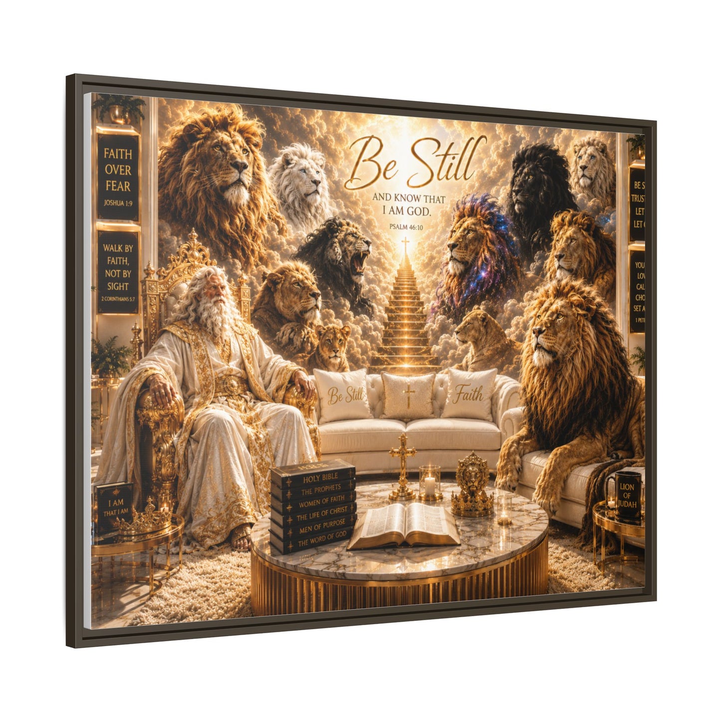 Be Still - Framed Canvas Wall Art (Lion Sanctuary Religious Inspirational Quote)