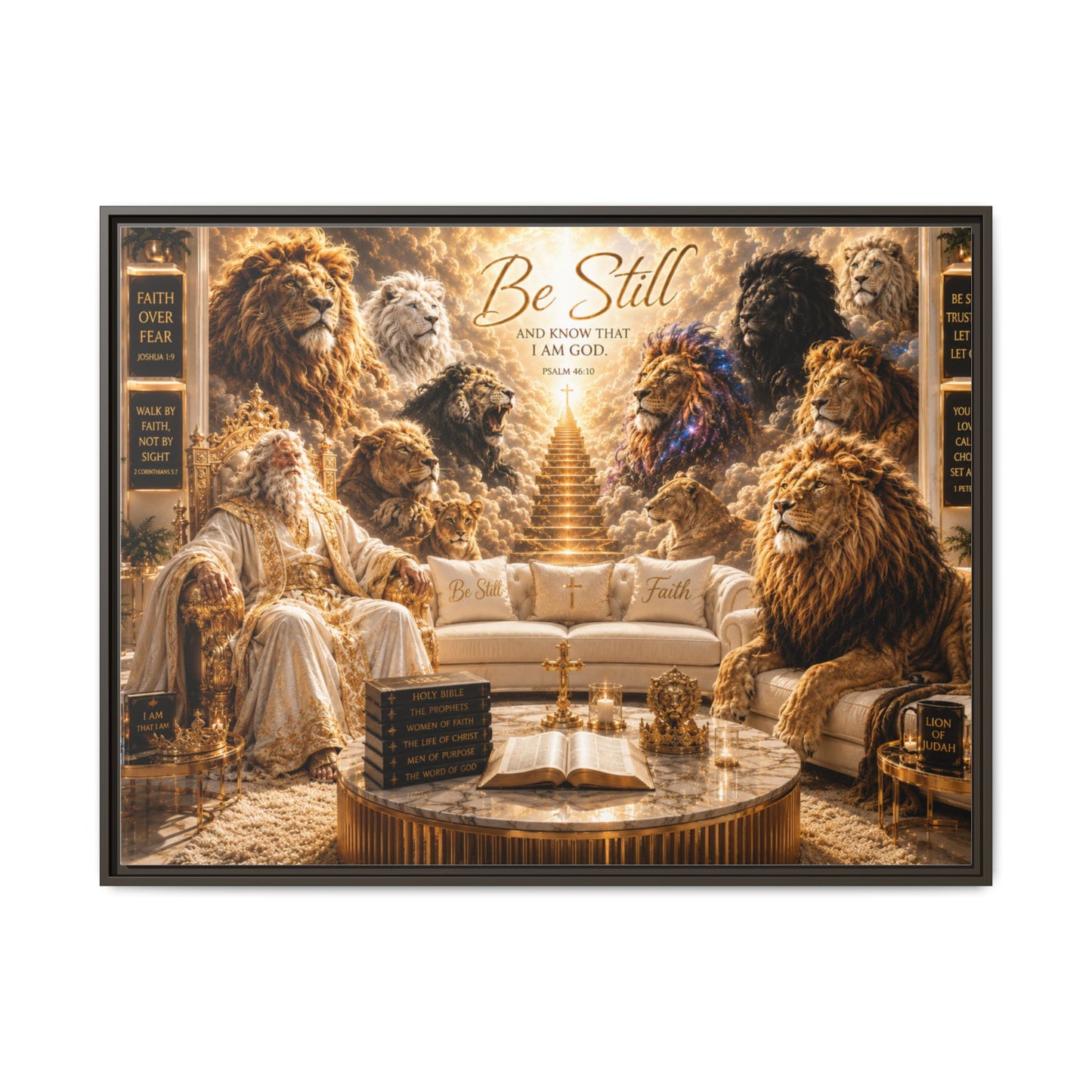 Be Still - Framed Canvas Wall Art (Lion Sanctuary Religious Inspirational Quote)
