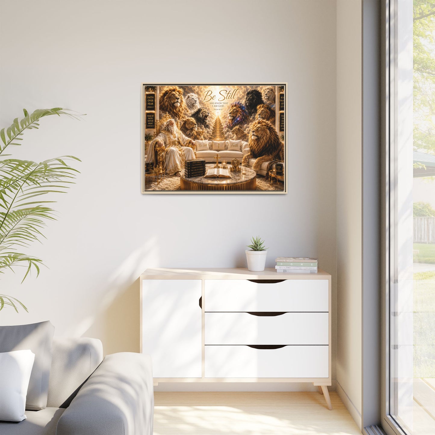 Be Still - Framed Canvas Wall Art (Lion Sanctuary Religious Inspirational Quote)