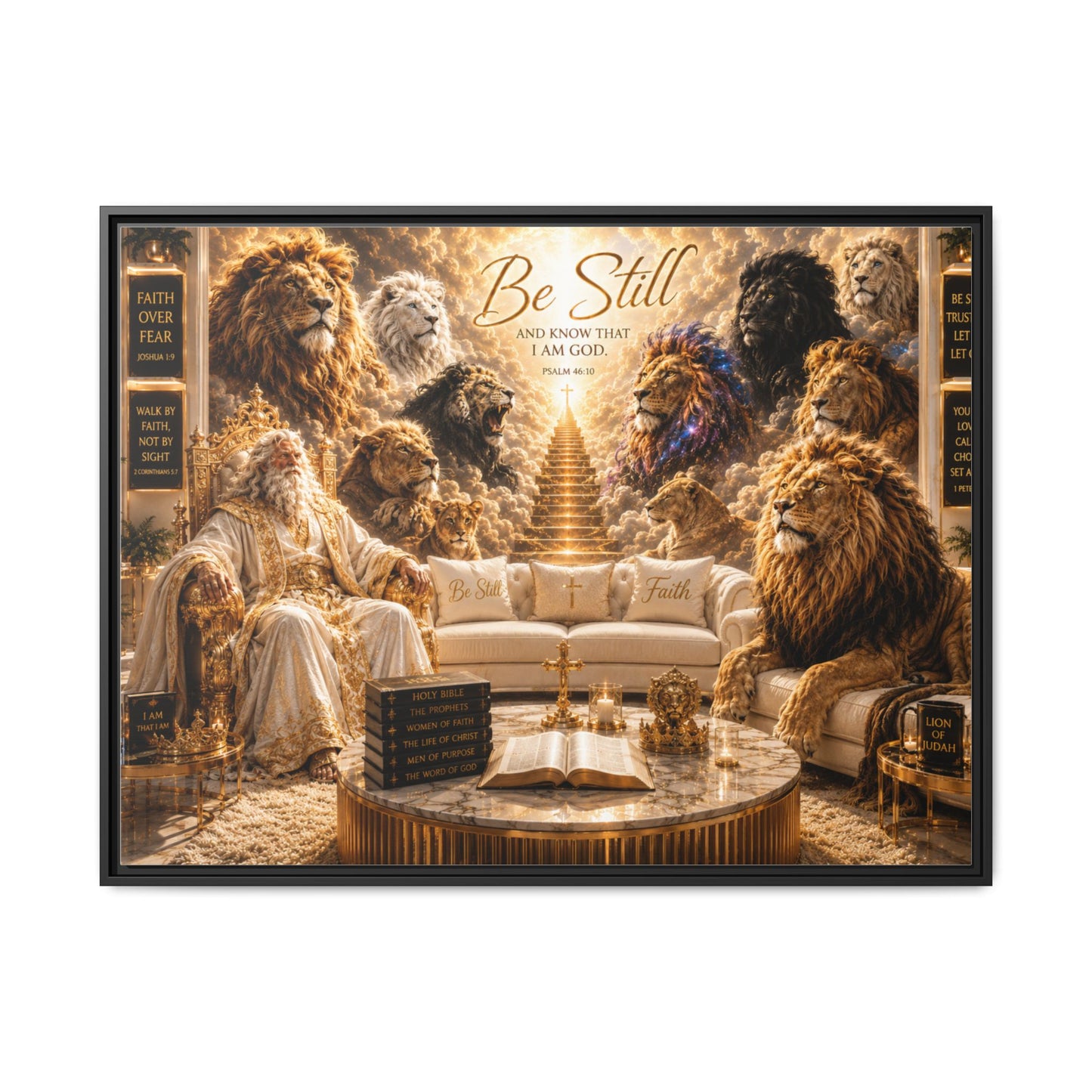 Be Still - Framed Canvas Wall Art (Lion Sanctuary Religious Inspirational Quote)