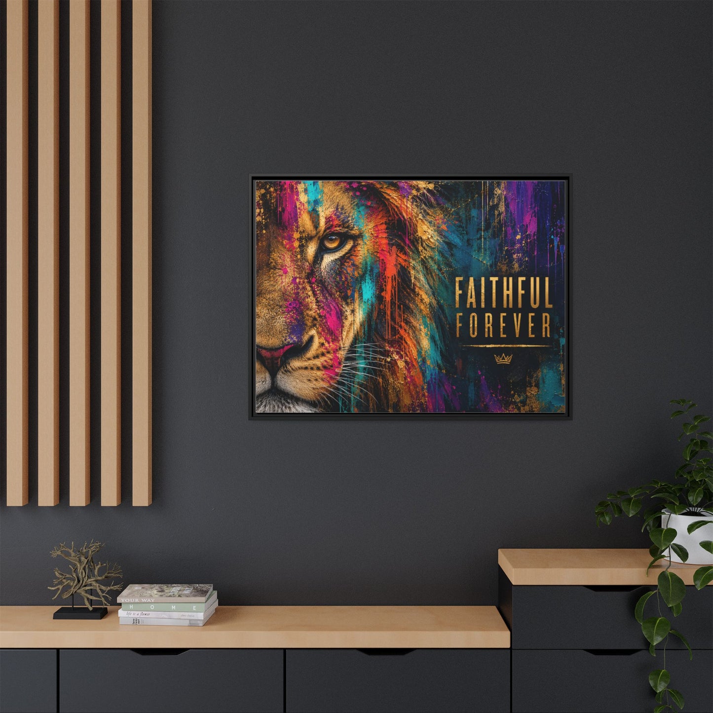 Faithful Forever Colorful – Bold Lion Portrait – Framed Matte Canvas Wall Art
