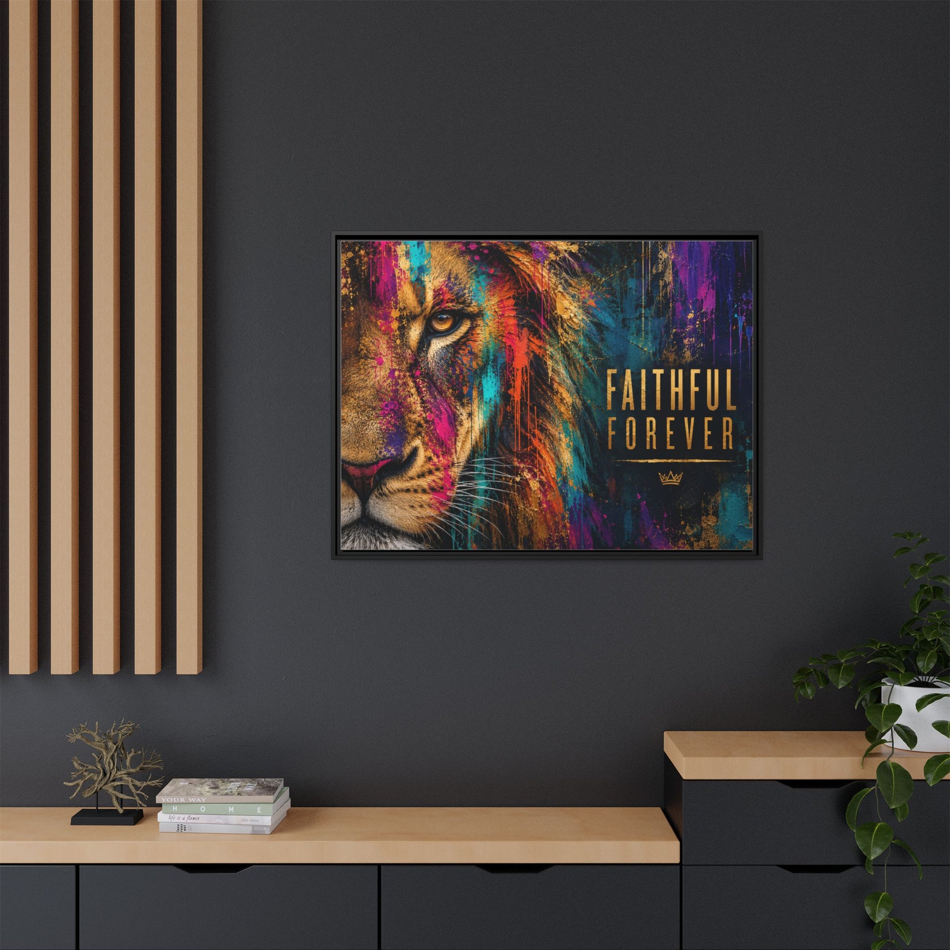 Faithful Forever Colorful – Bold Lion Portrait – Framed Matte Canvas Wall Art
