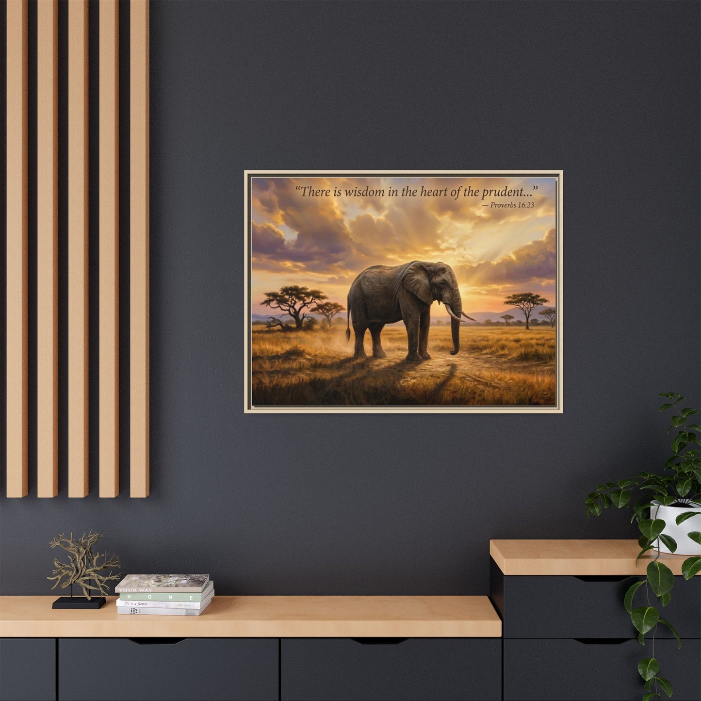 Elephant faith wall art 40x30 framed matte canvas with majestic elephant and Proverbs 16:23 quote