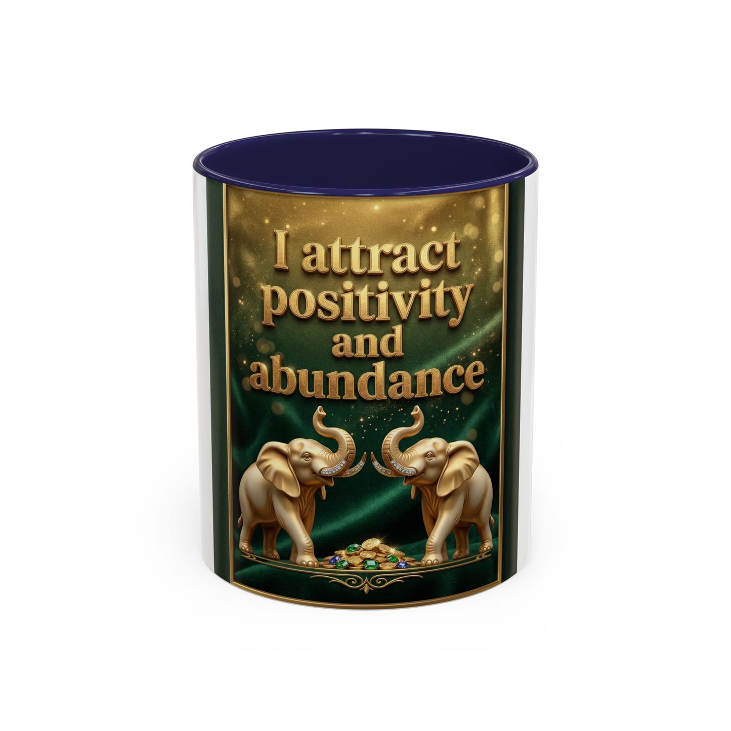Abundance Mug – I Attract Positivity and Abundance Accent Coffee Mug with Golden Elephants