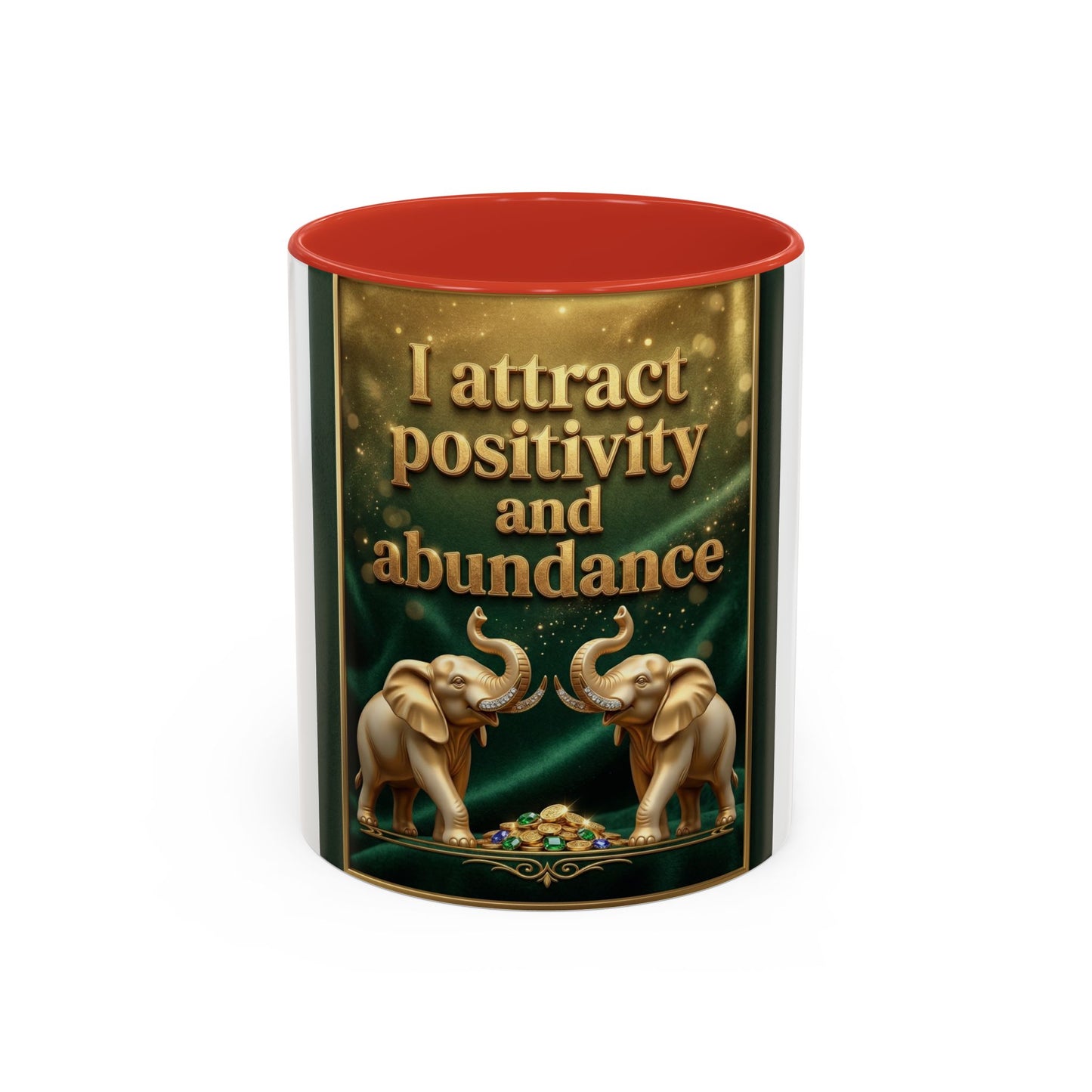 Abundance Mug – I Attract Positivity and Abundance Accent Coffee Mug with Golden Elephants