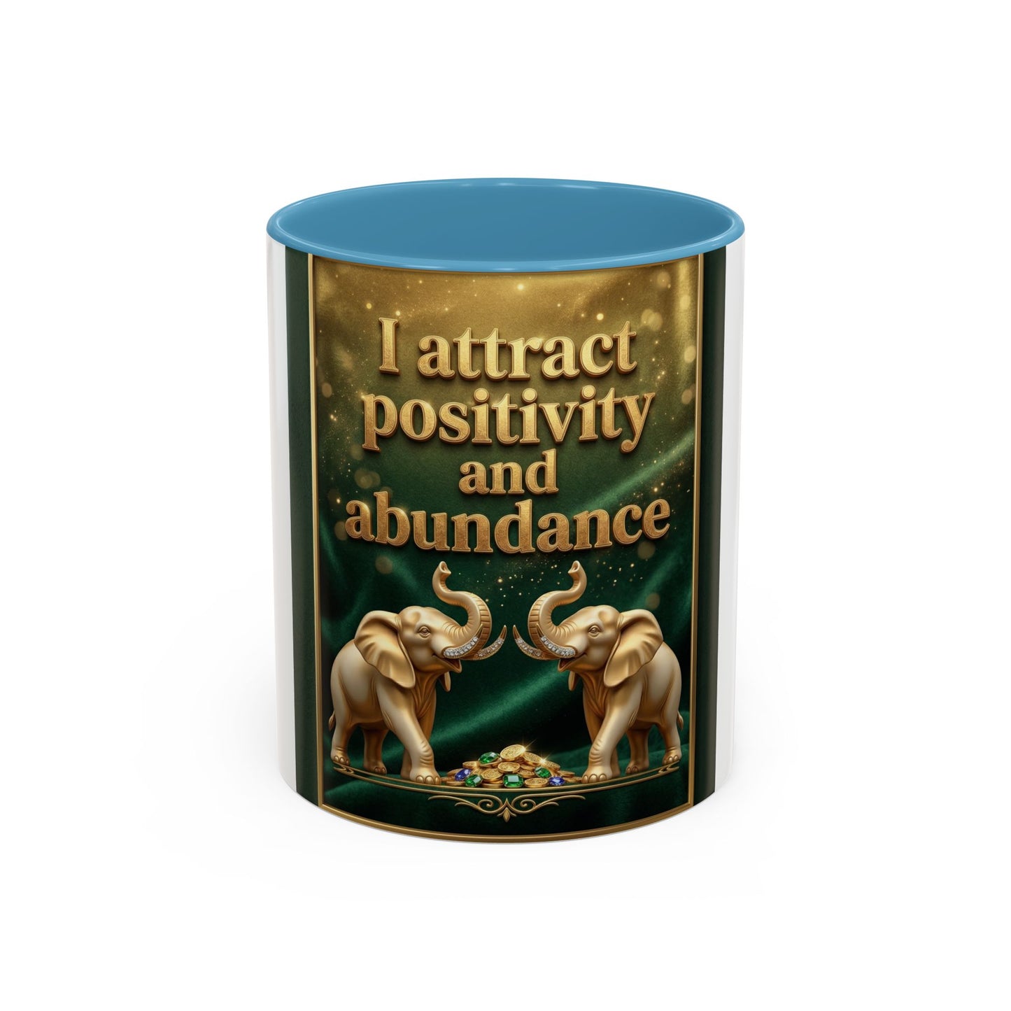 Abundance Mug – I Attract Positivity and Abundance Accent Coffee Mug with Golden Elephants