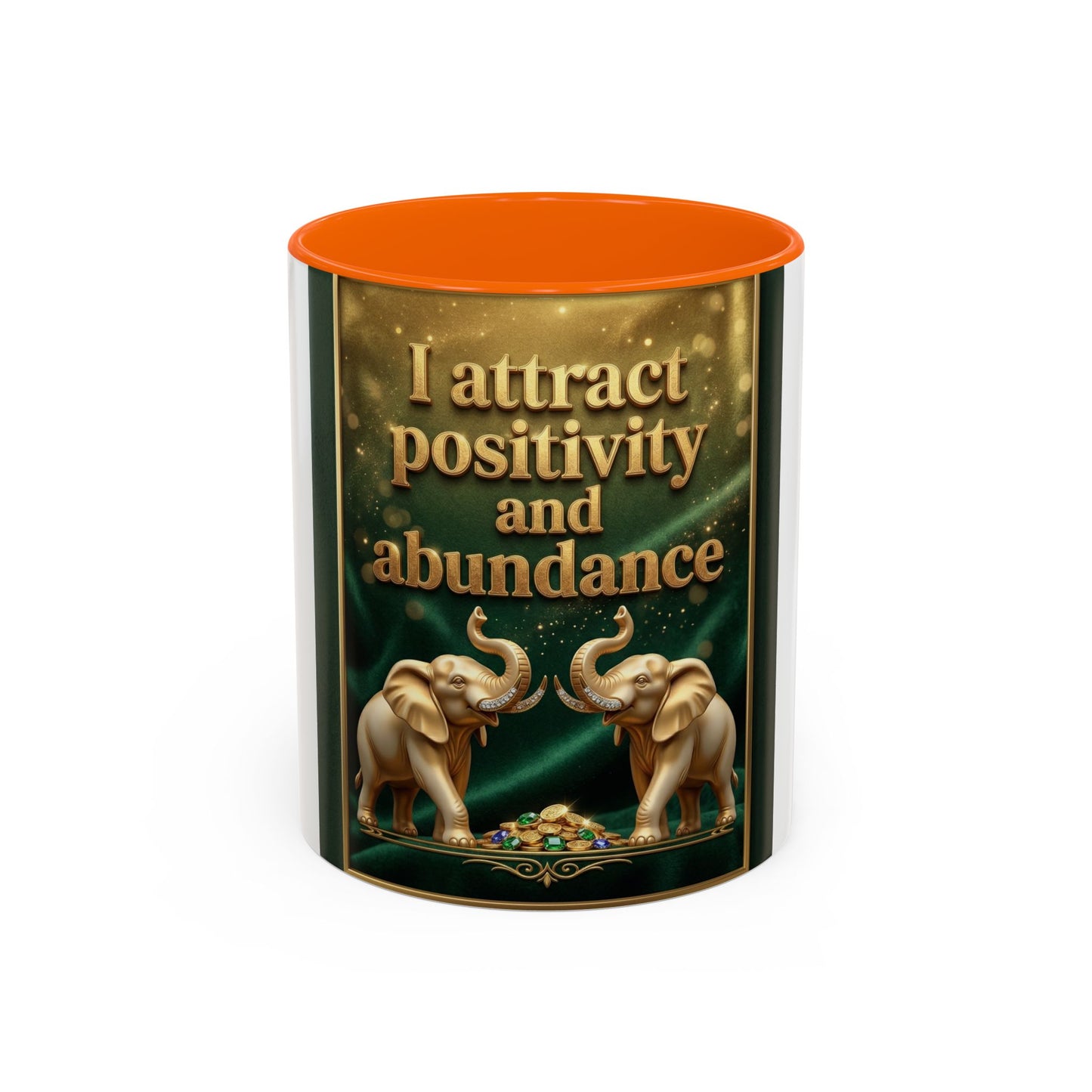 Abundance Mug – I Attract Positivity and Abundance Accent Coffee Mug with Golden Elephants