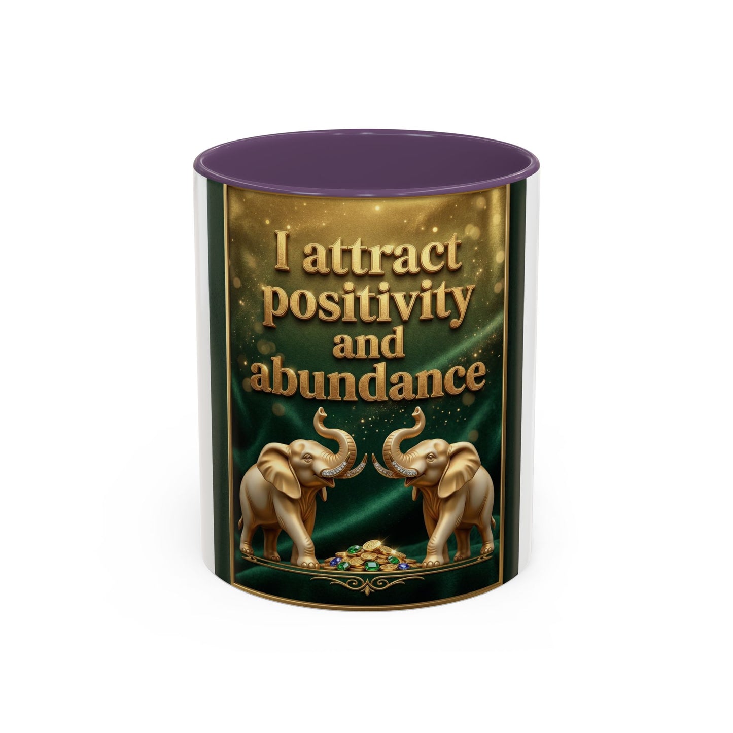 Abundance Mug – I Attract Positivity and Abundance Accent Coffee Mug with Golden Elephants
