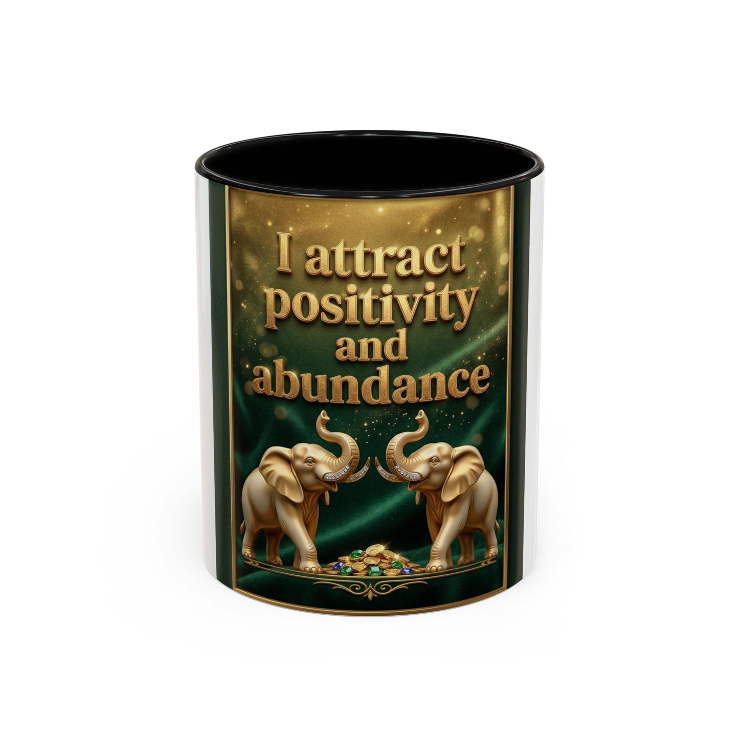 Abundance Mug – I Attract Positivity and Abundance Accent Coffee Mug with Golden Elephants