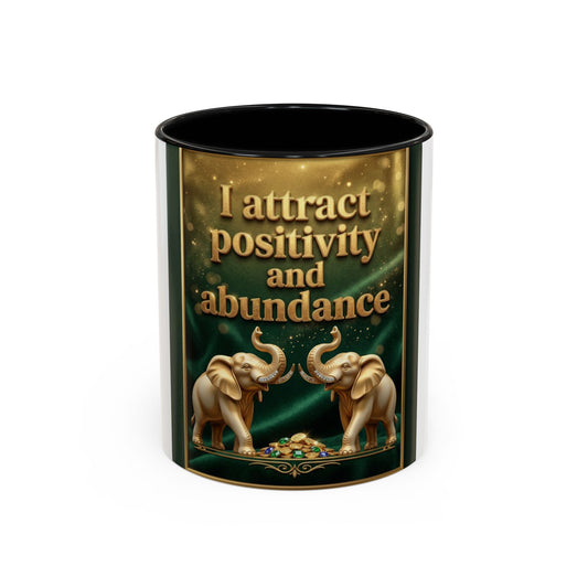 Abundance Mug – I Attract Positivity and Abundance Accent Coffee Mug with Golden Elephants