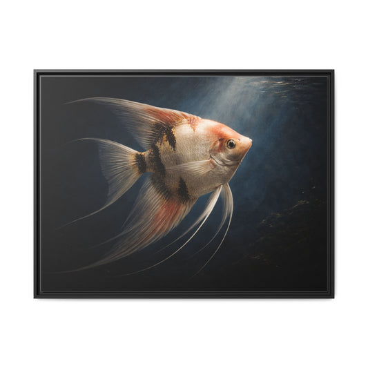 Angelfish wall art 40x30 framed matte canvas showing an elegant angelfish swimming underwater with soft light beams
