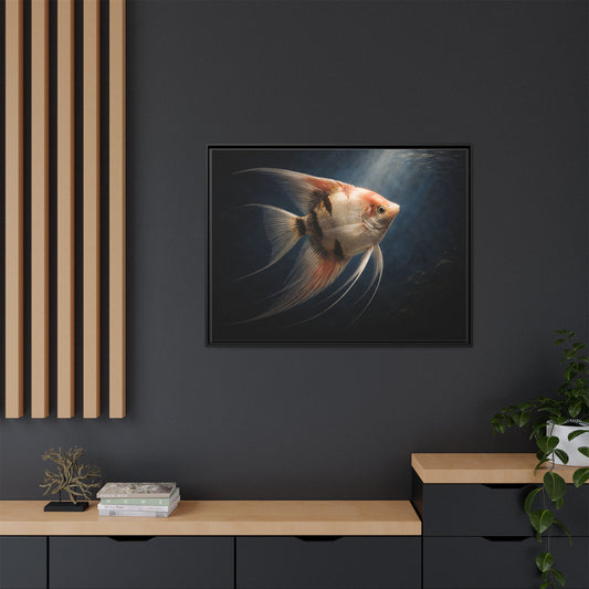 Angelfish wall art 40x30 framed matte canvas showing an elegant angelfish swimming underwater with soft light beams