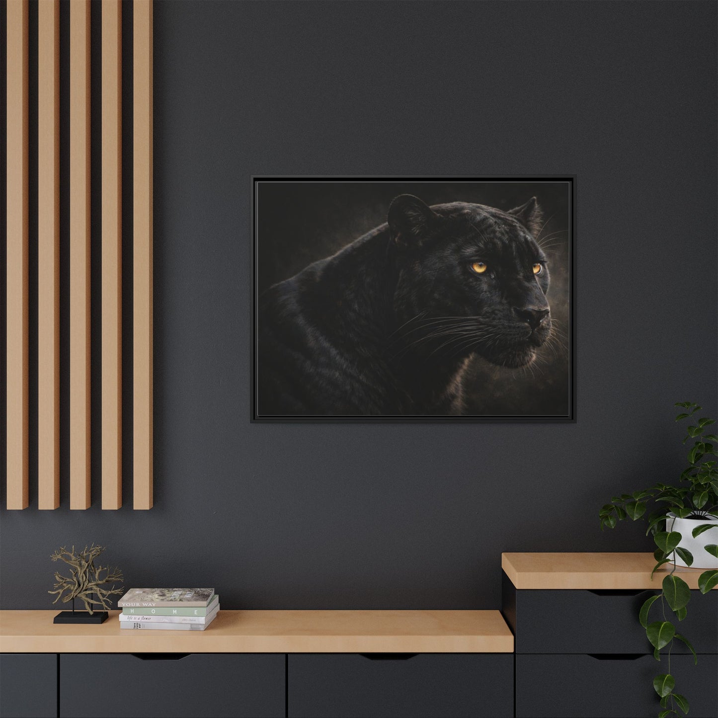 Black panther wall art 40x30 framed matte canvas with dramatic shadow lighting