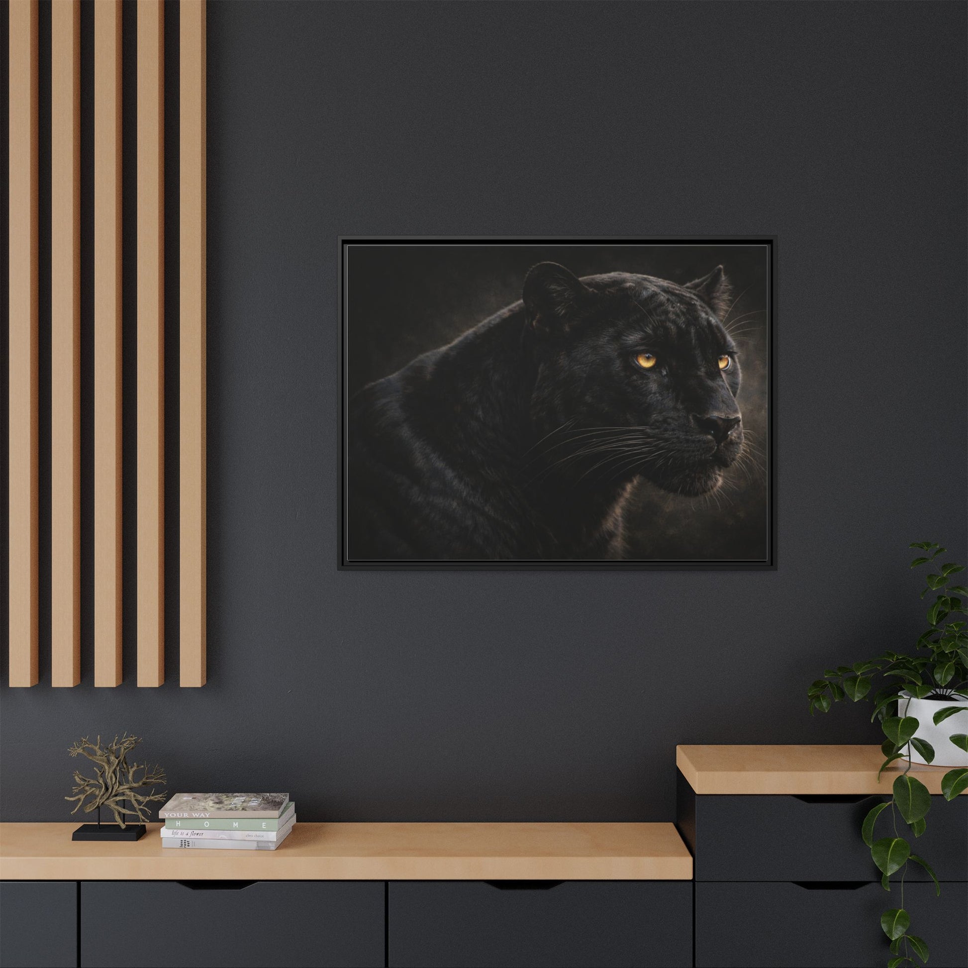 Black panther wall art 40x30 framed matte canvas with dramatic shadow lighting