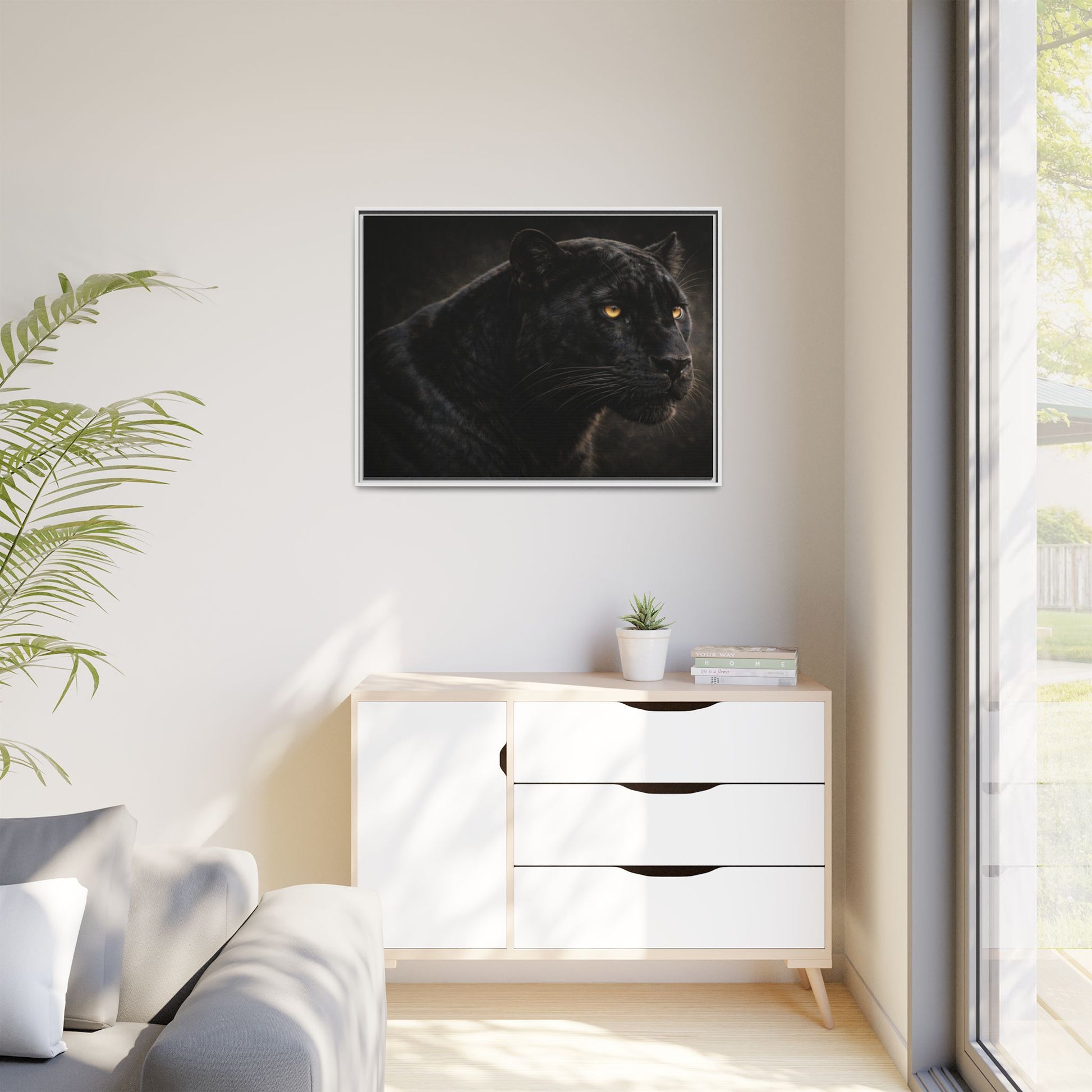 Black panther wall art 40x30 framed matte canvas with dramatic shadow lighting11