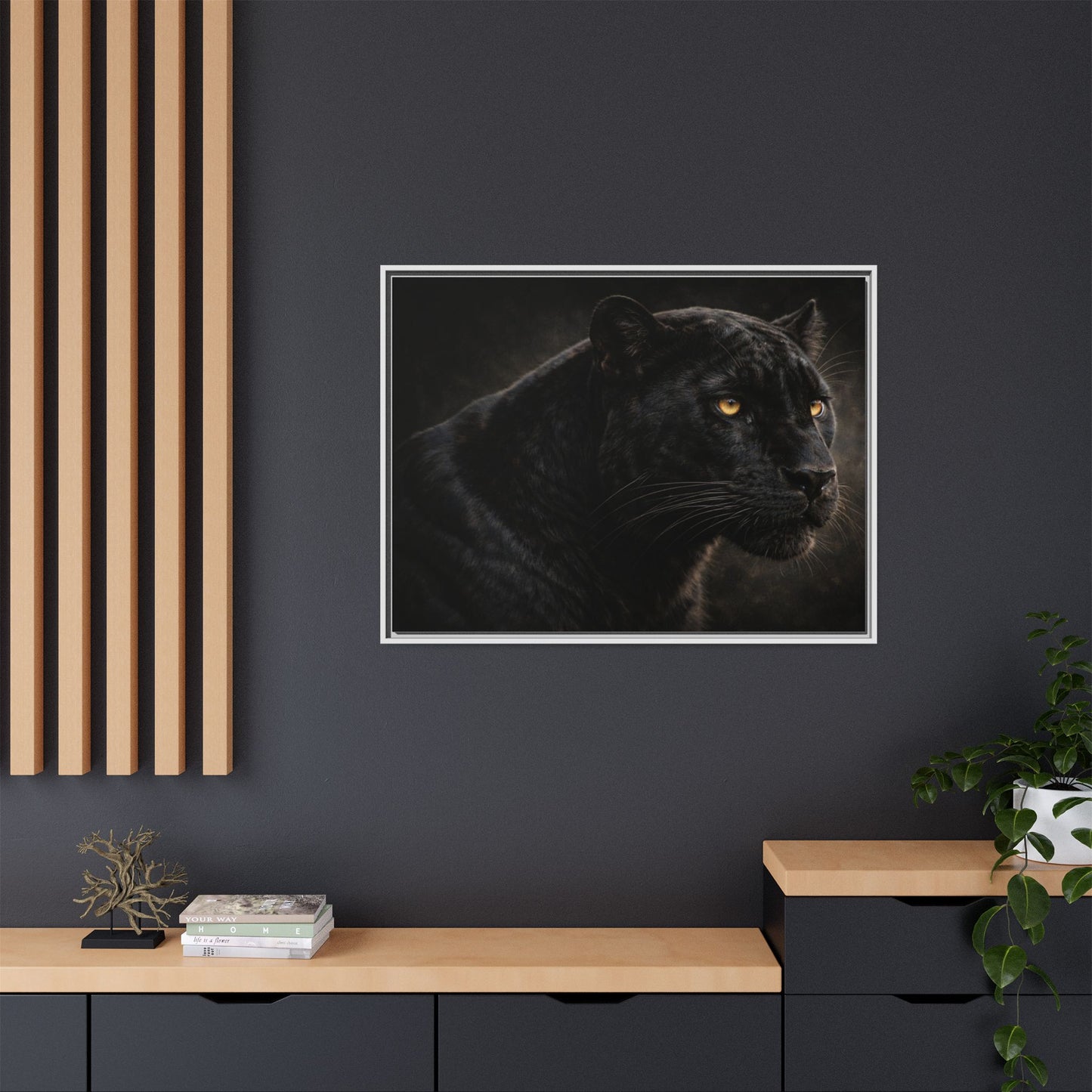 Black panther wall art 40x30 framed matte canvas with dramatic shadow lighting12