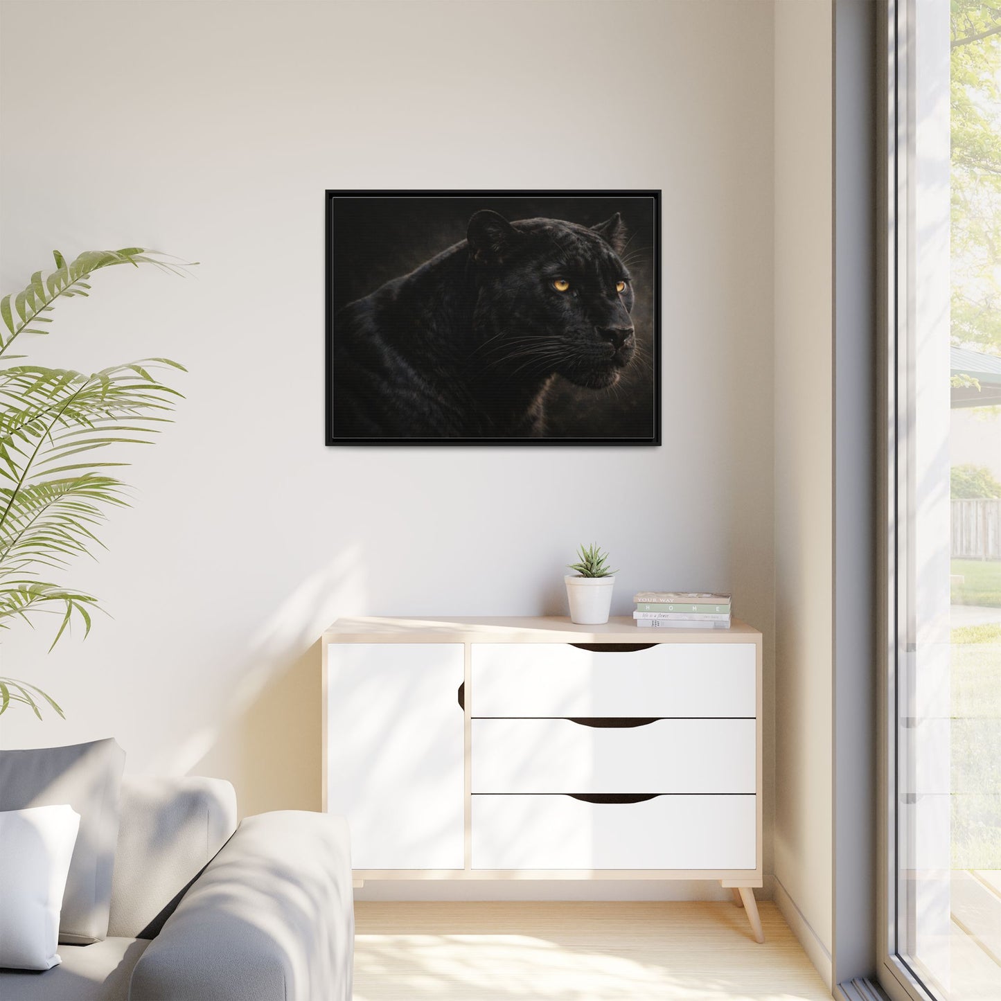 Black panther wall art 40x30 framed matte canvas with dramatic shadow lighting6