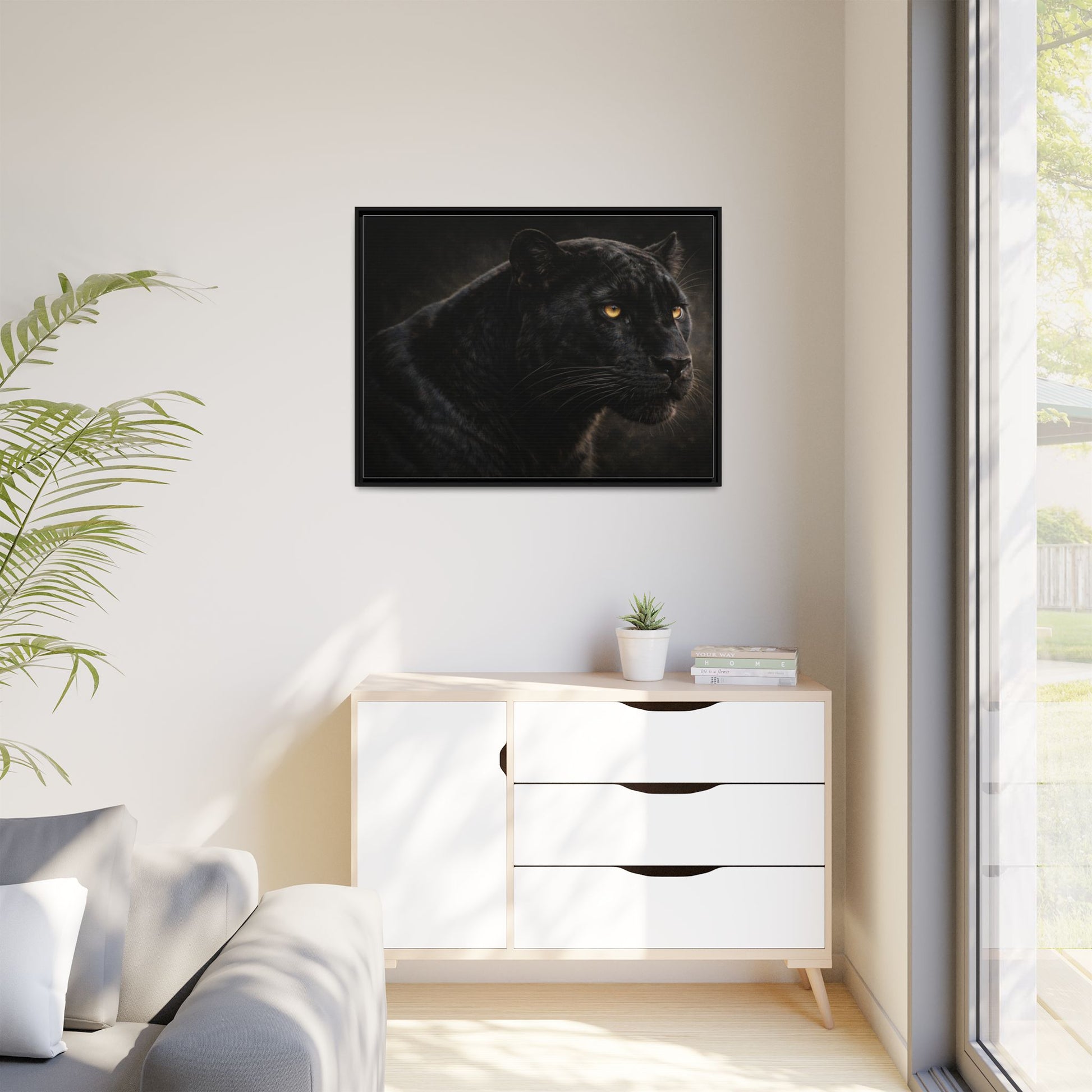 Black panther wall art 40x30 framed matte canvas with dramatic shadow lighting6