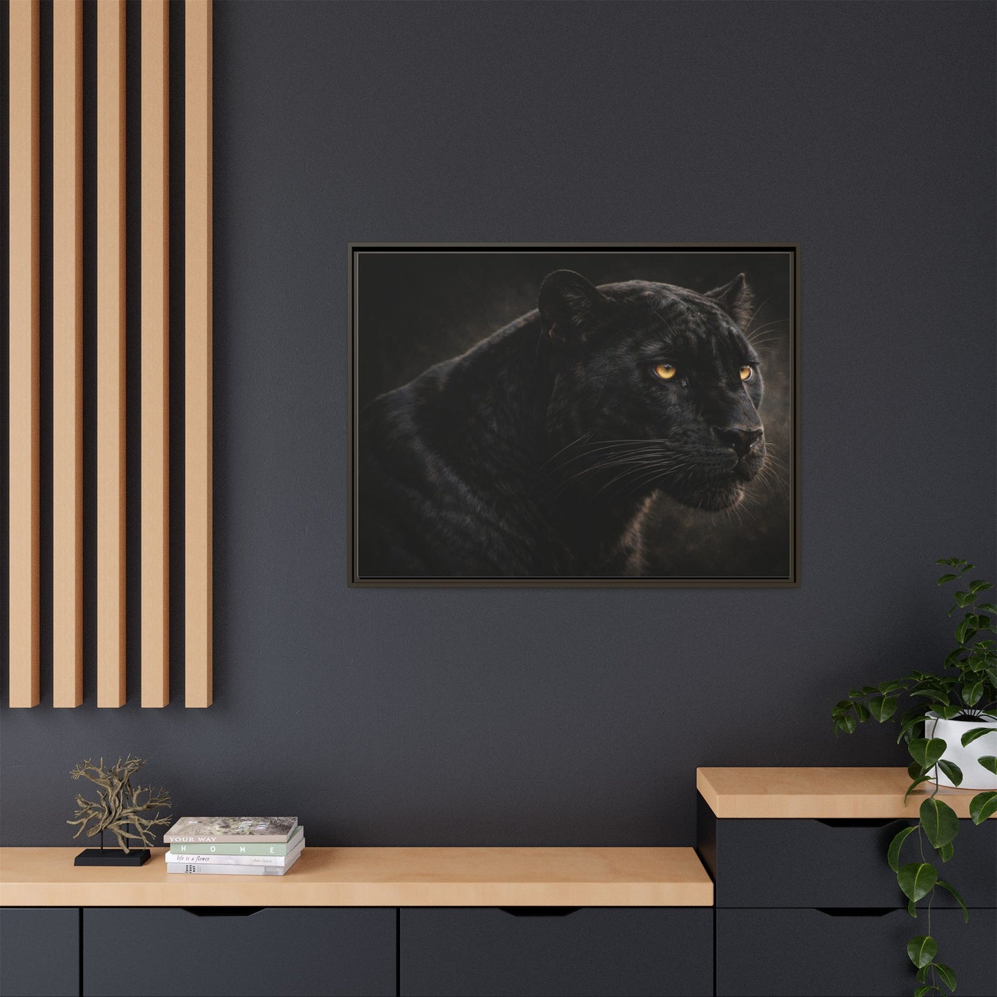 Black panther wall art 40x30 framed matte canvas with dramatic shadow lighting9
