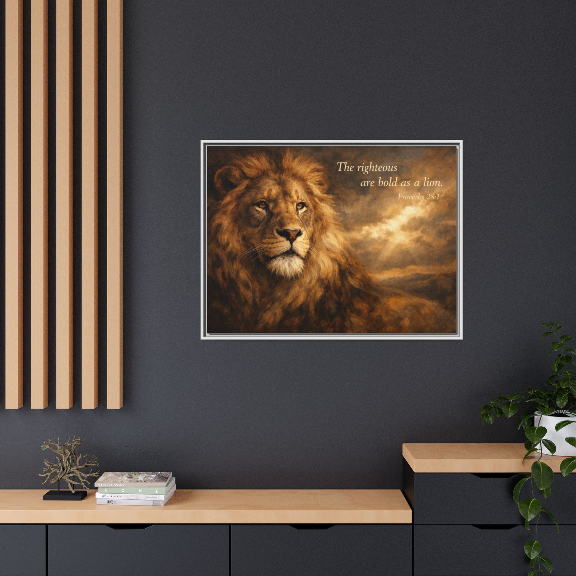 Bold lion wall art 40x30 framed matte canvas with sepia-toned lion and Proverbs 28:1 quote
