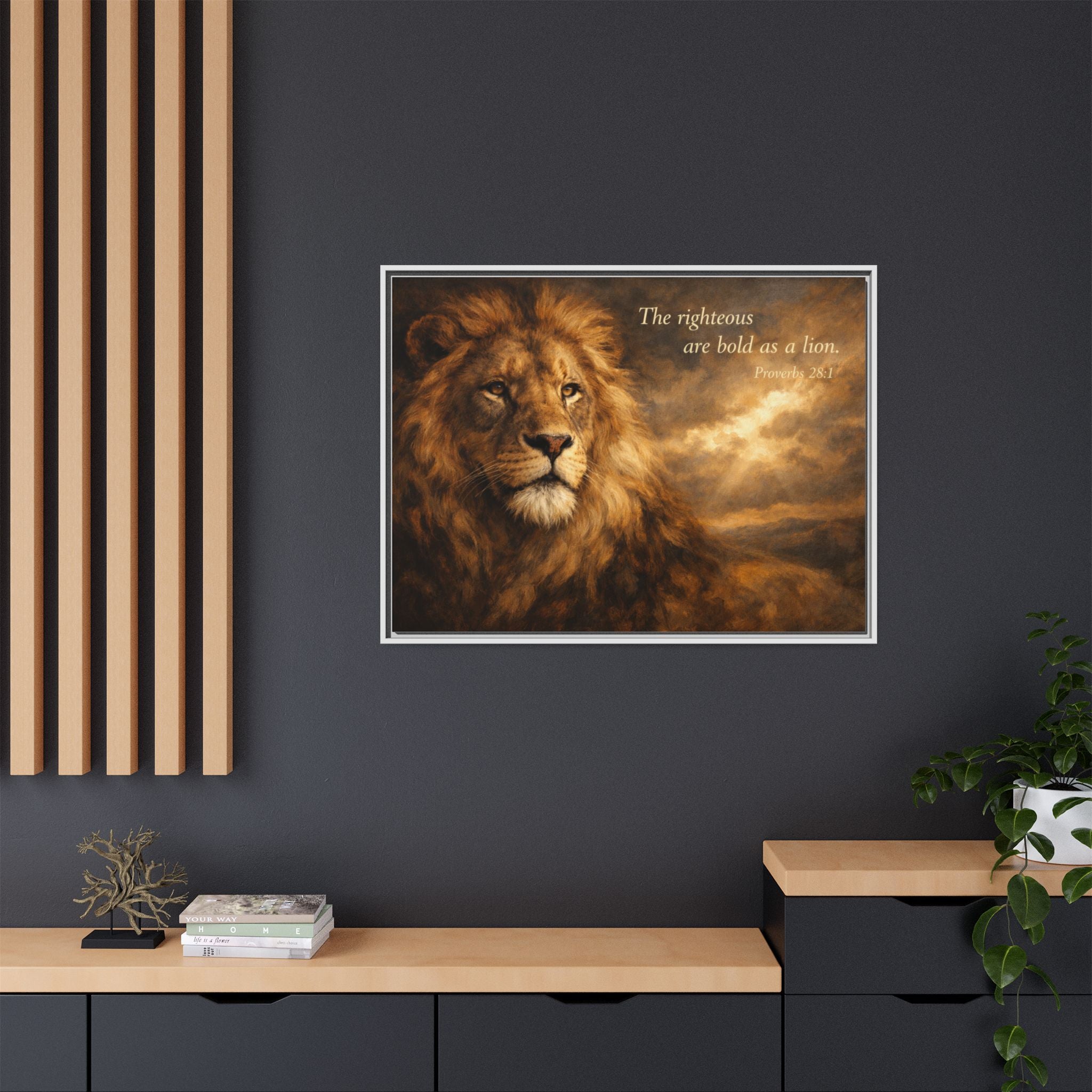 Bold lion wall art 40x30 framed matte canvas with sepia-toned lion and Proverbs 28:1 quote