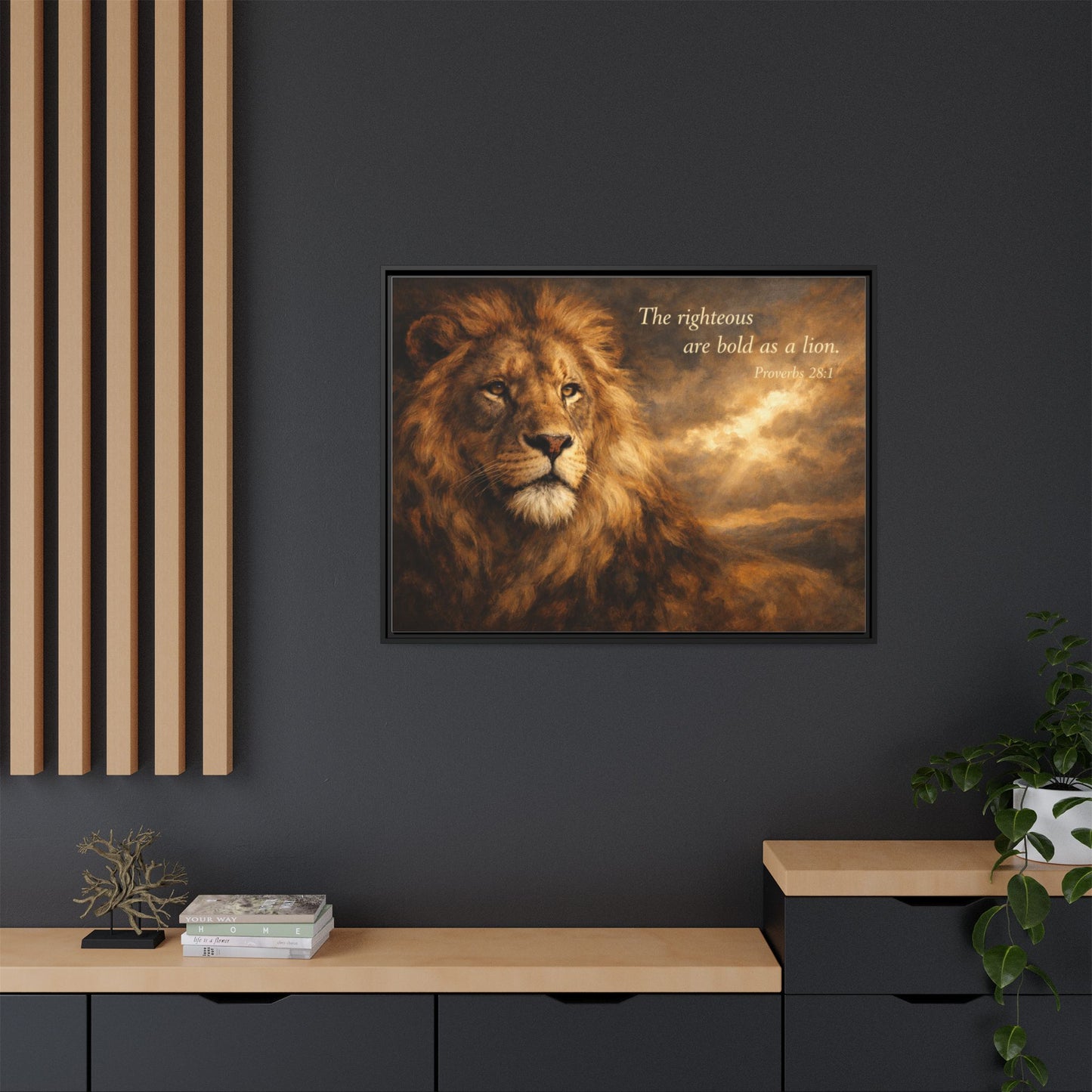 Bold lion wall art 40x30 framed matte canvas with sepia-toned lion and Proverbs 28:1 quote