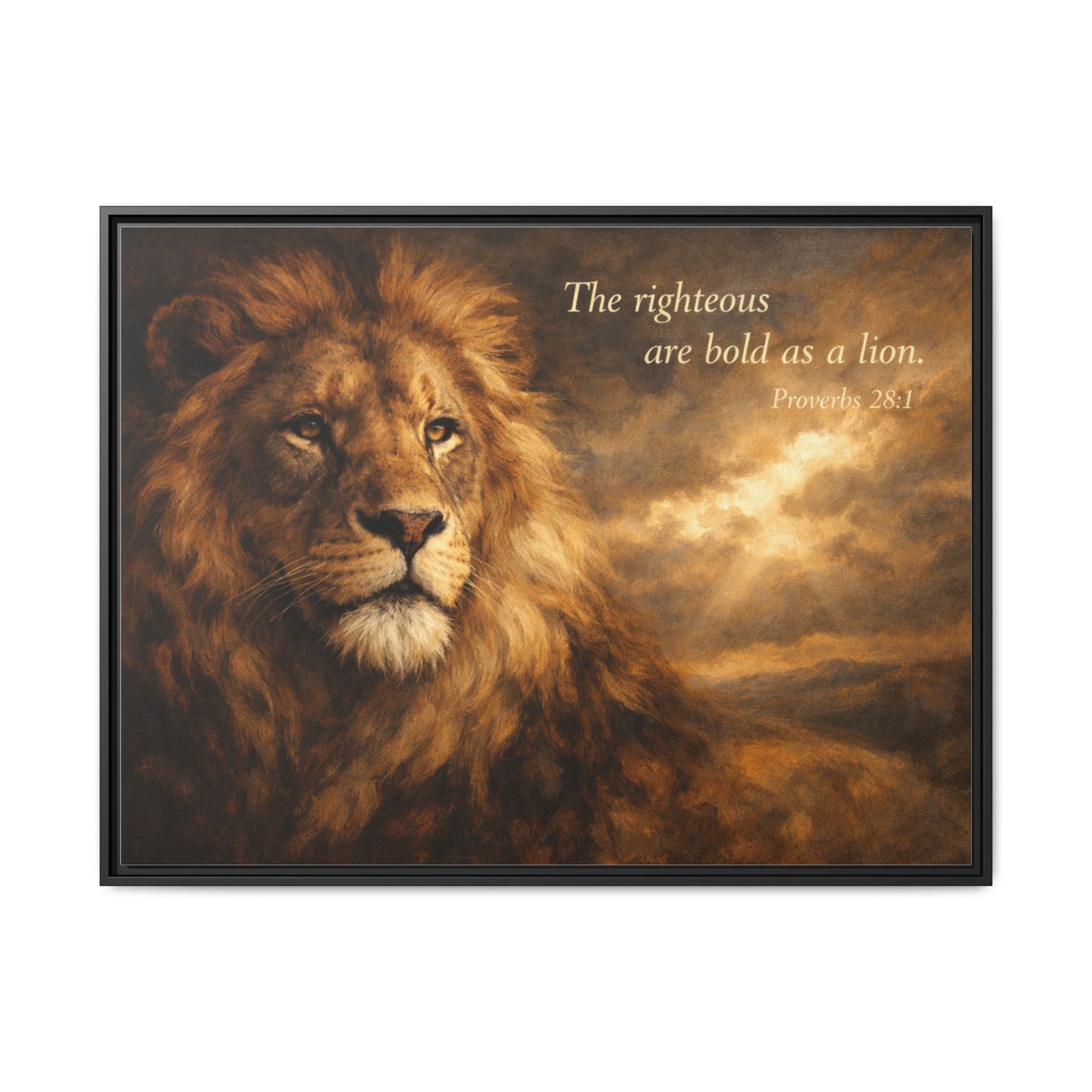 Bold lion wall art 40x30 framed matte canvas with sepia-toned lion and Proverbs 28:1 quote
