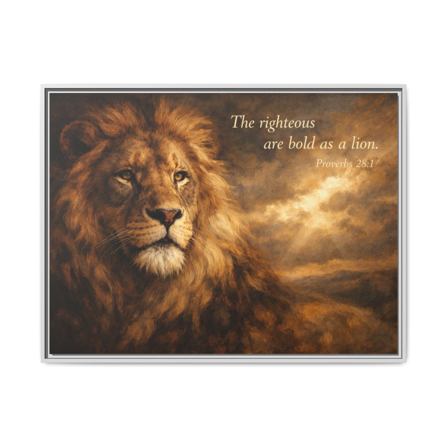 Bold lion wall art 40x30 framed matte canvas with sepia-toned lion and Proverbs 28:1 quote