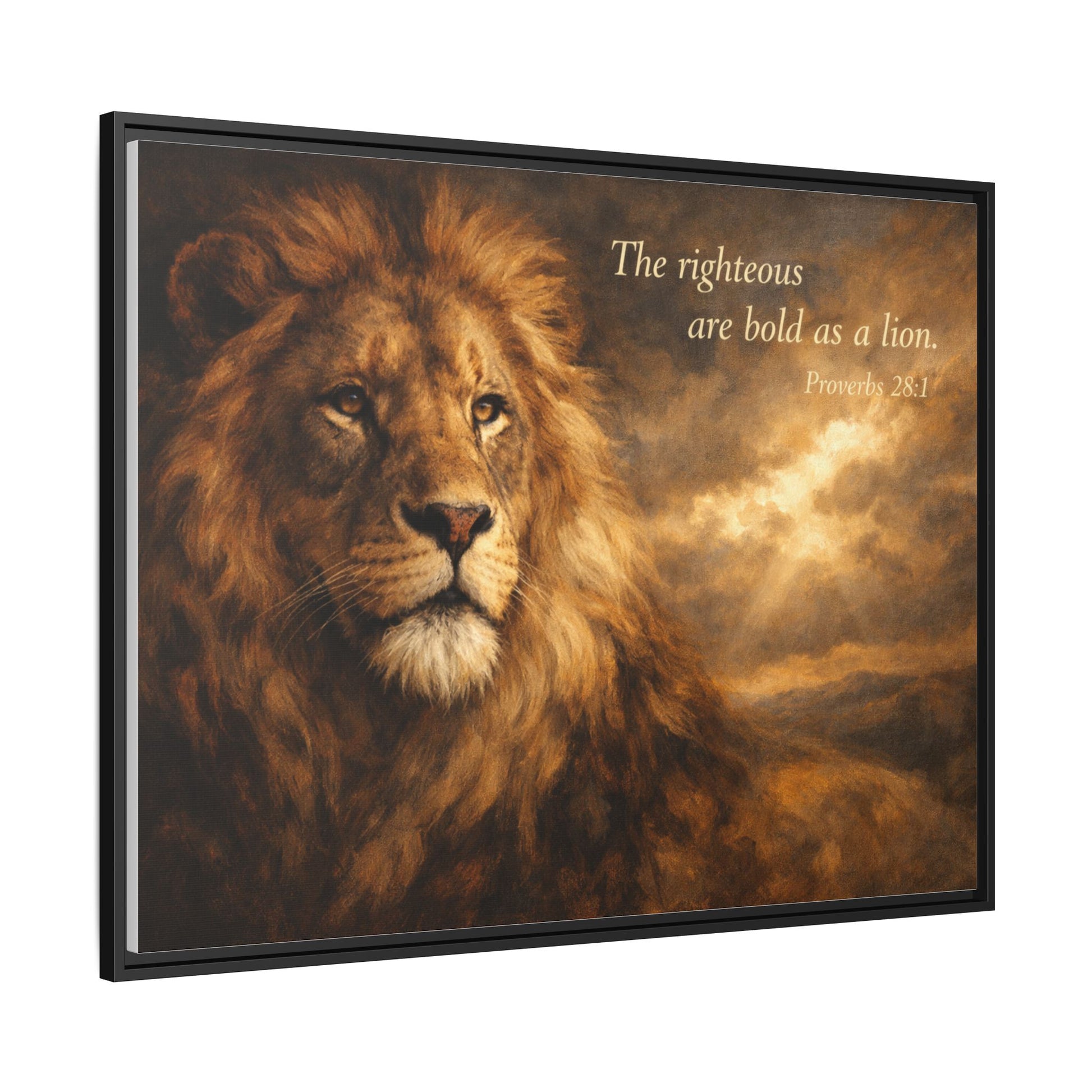 Bold lion wall art 40x30 framed matte canvas with sepia-toned lion and Proverbs 28:1 quote
