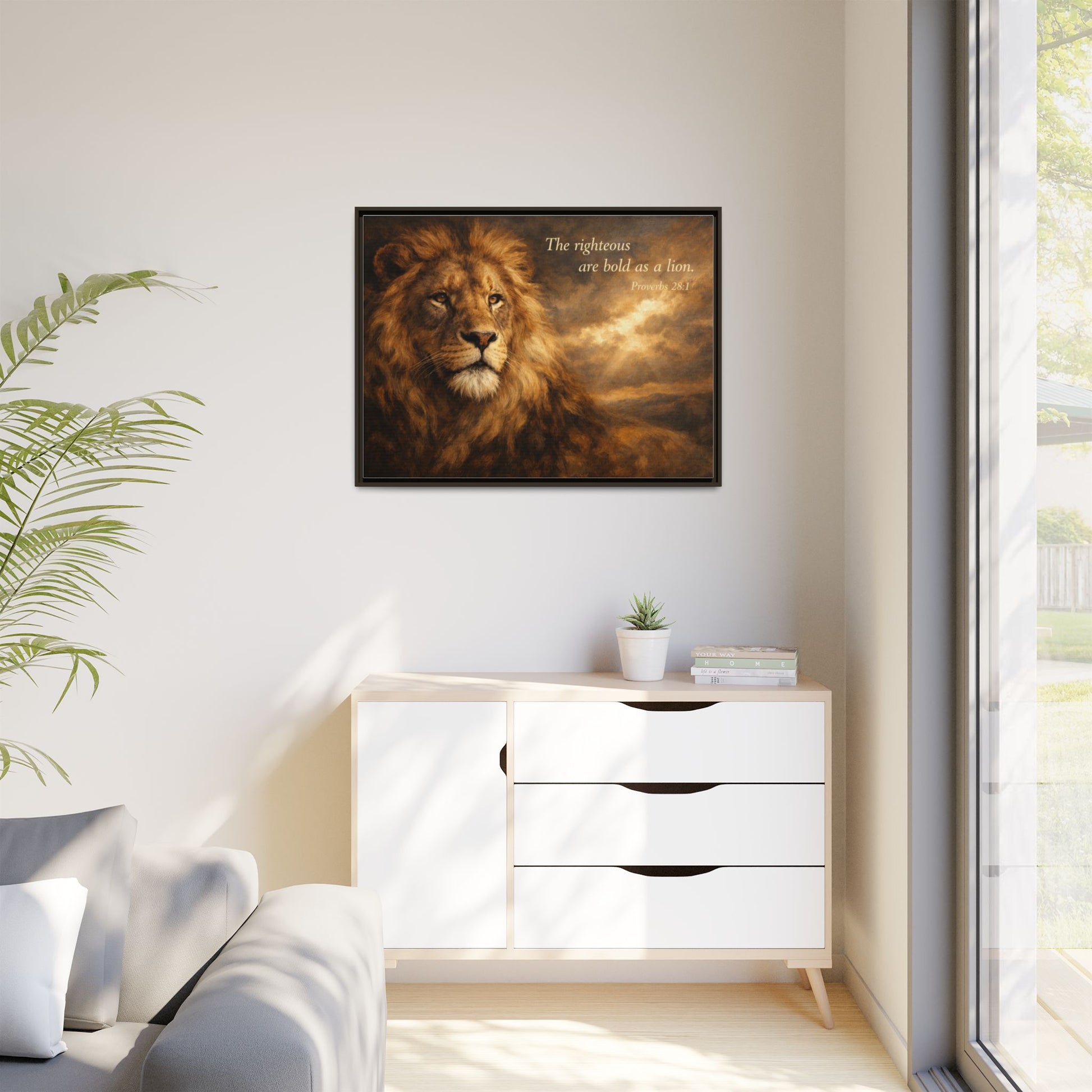 Bold lion wall art 40x30 framed matte canvas with sepia-toned lion and Proverbs 28:1 quote