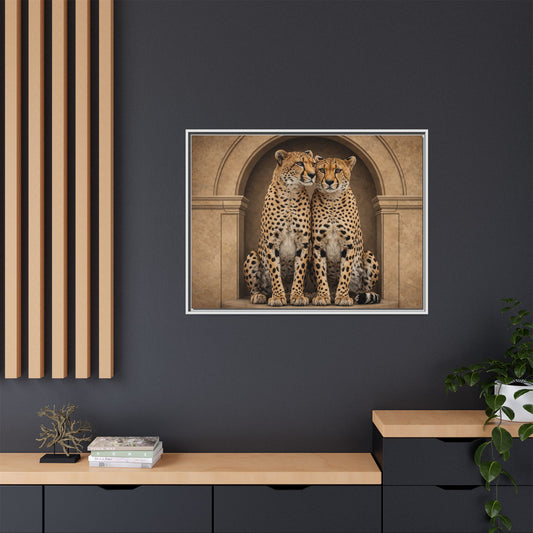 Cheetah pair wall art 40x30 framed matte canvas portrait beneath stone arch