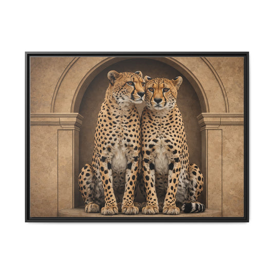 Cheetah pair wall art 40x30 framed matte canvas portrait beneath stone arch2