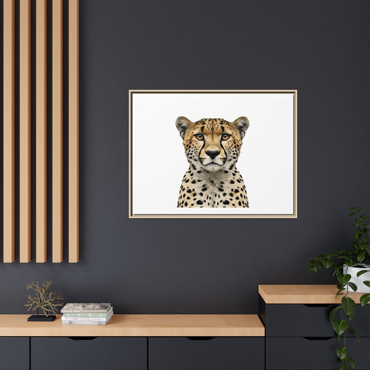 Cheetah wall art 40x30 framed matte canvas featuring a detailed cheetah portrait with a neutral background and refined modern composition